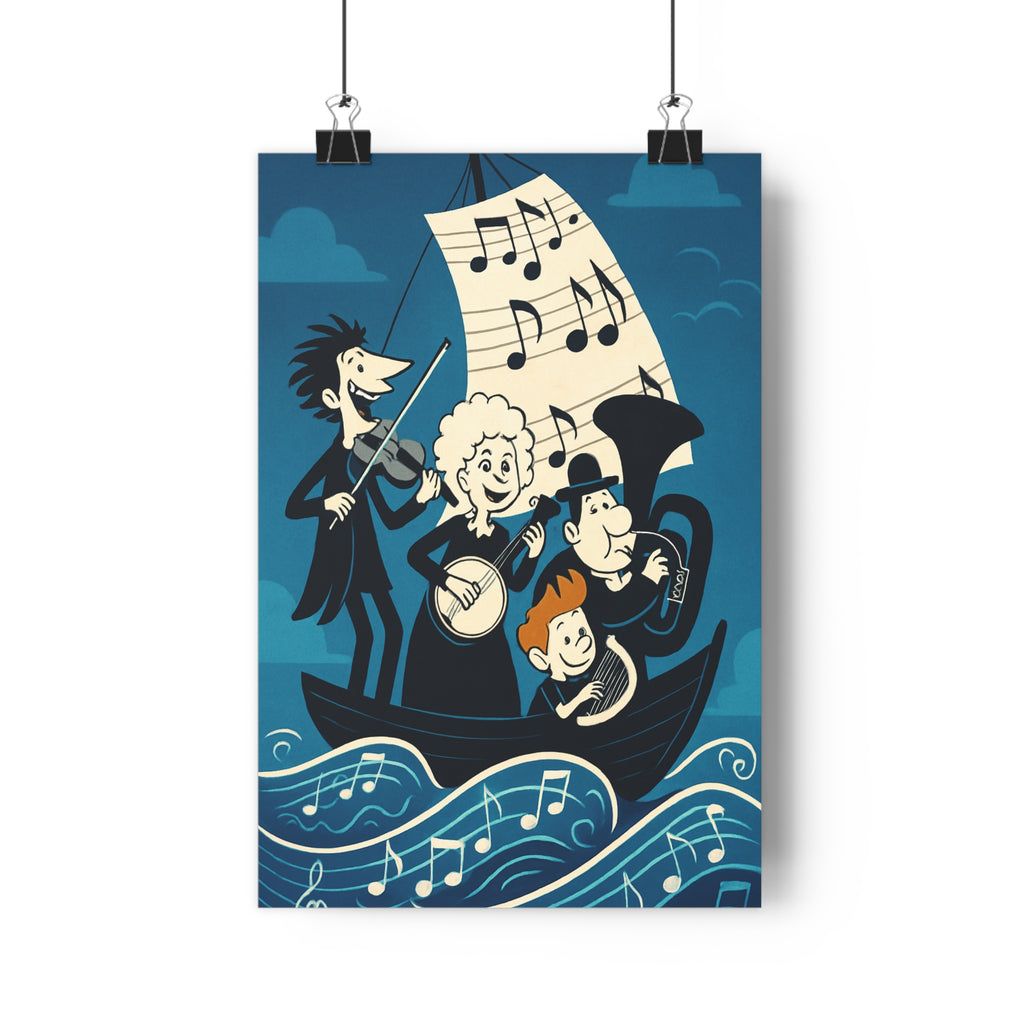 Poster décoratif aventure musicale bleu blanc joyeux moderne chambre salon enfant océan instruments animés