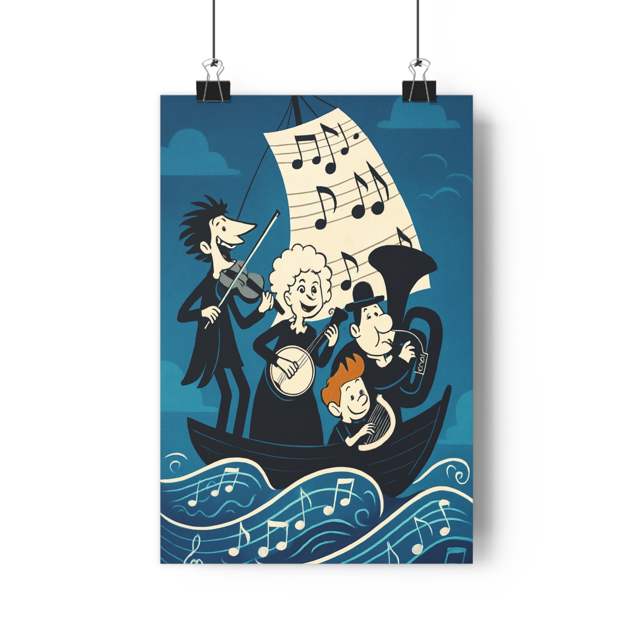 Poster décoratif aventure musicale bleu blanc joyeux moderne chambre salon enfant océan instruments animés