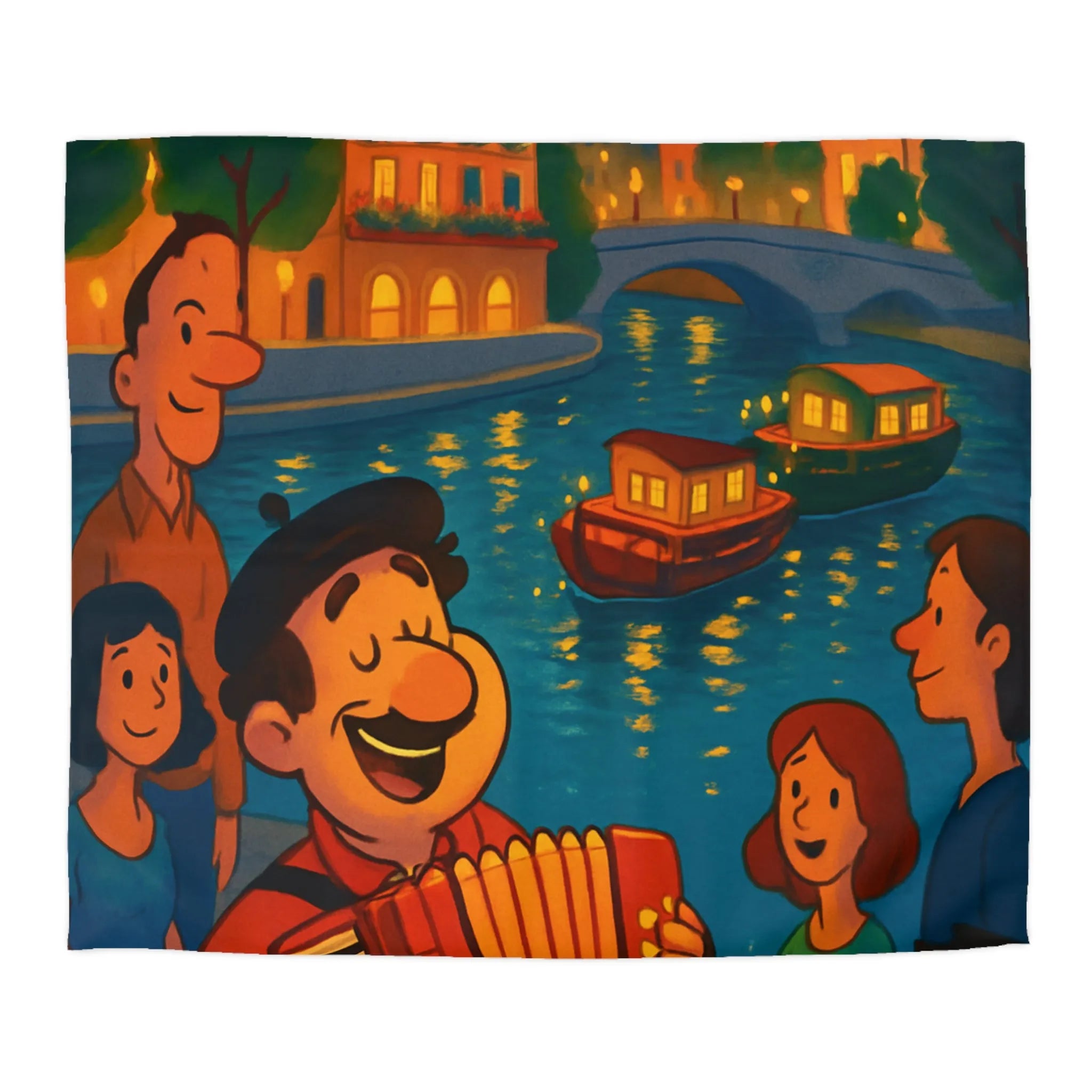 Housse de couette avec illustration animée d'une scène joyeuse au bord de la rivière