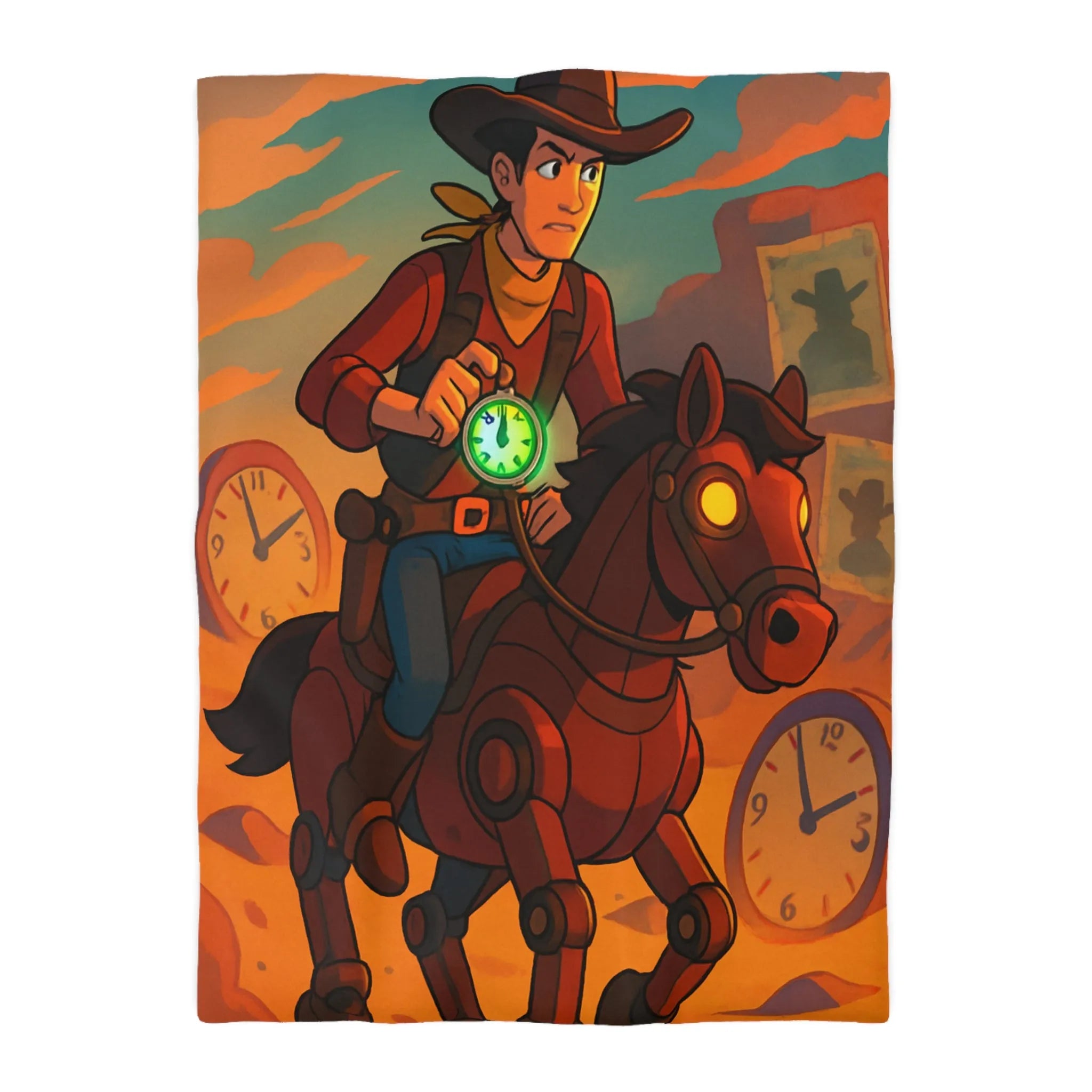 Housse de couette cowboy futuriste avec cheval mécanique et montres vintage dans désert