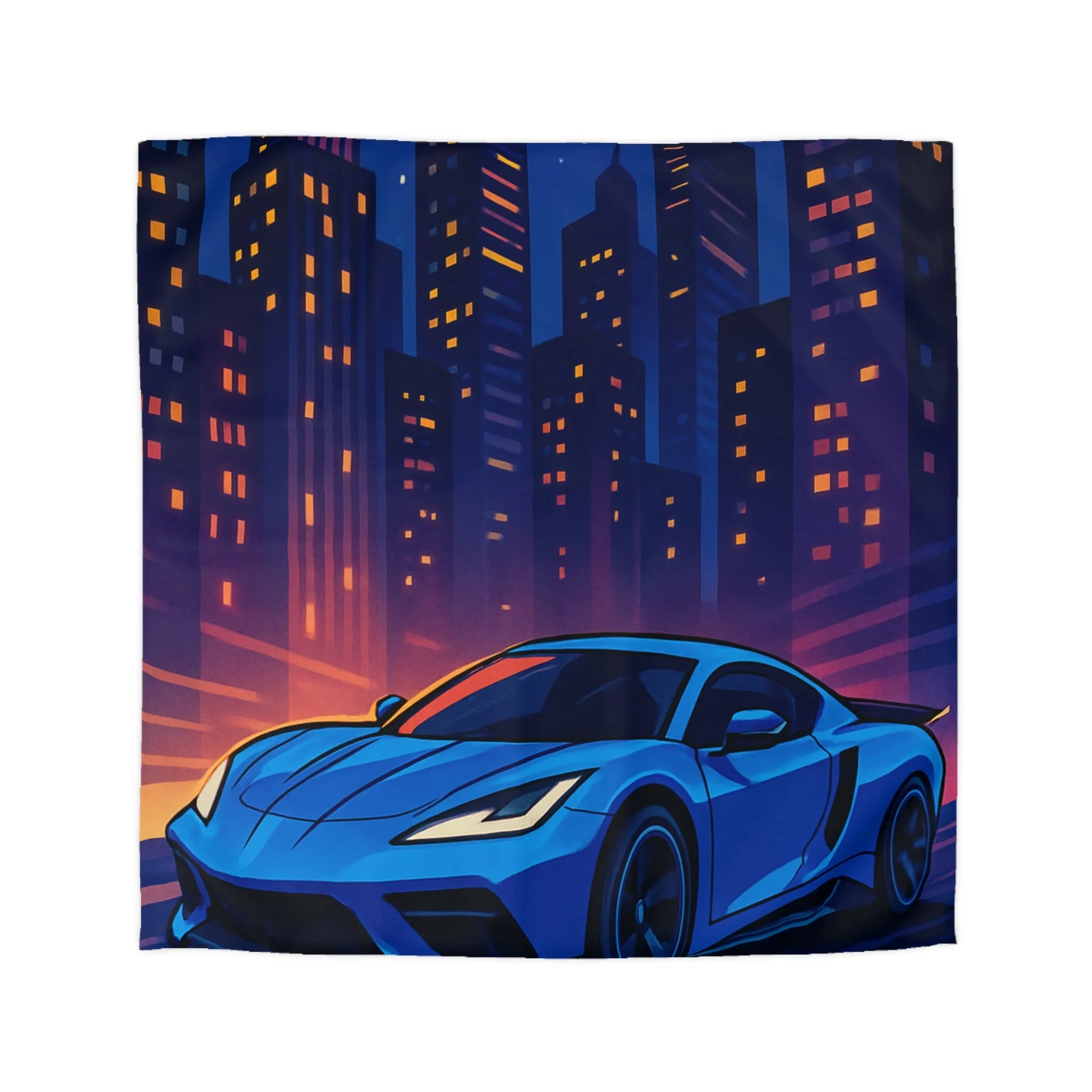 Housse de couette avec voiture bleue moderne et paysage urbain éclairé la nuit