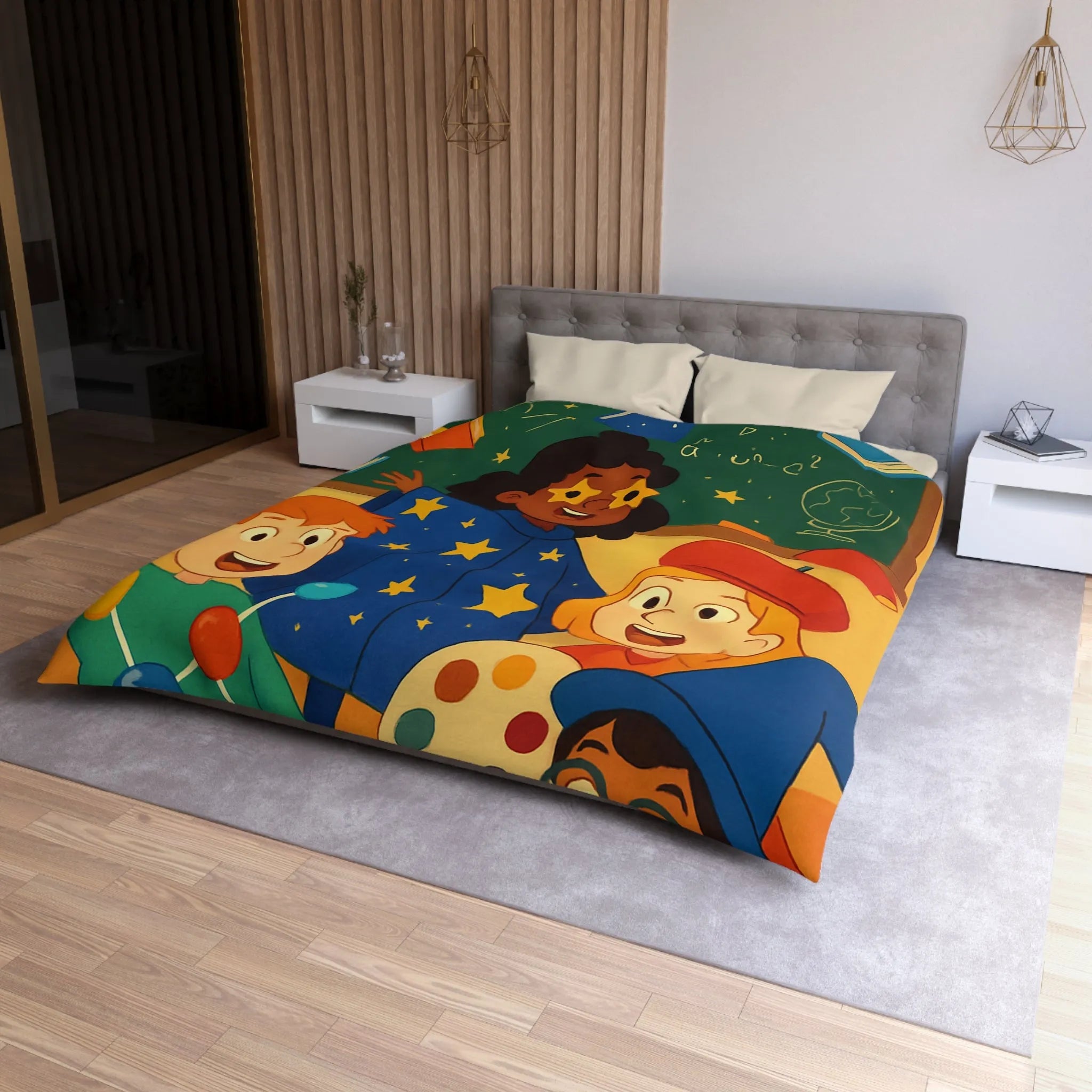 Housse de couette éducative colorée avec enfants et univers de l'apprentissage joyeux
