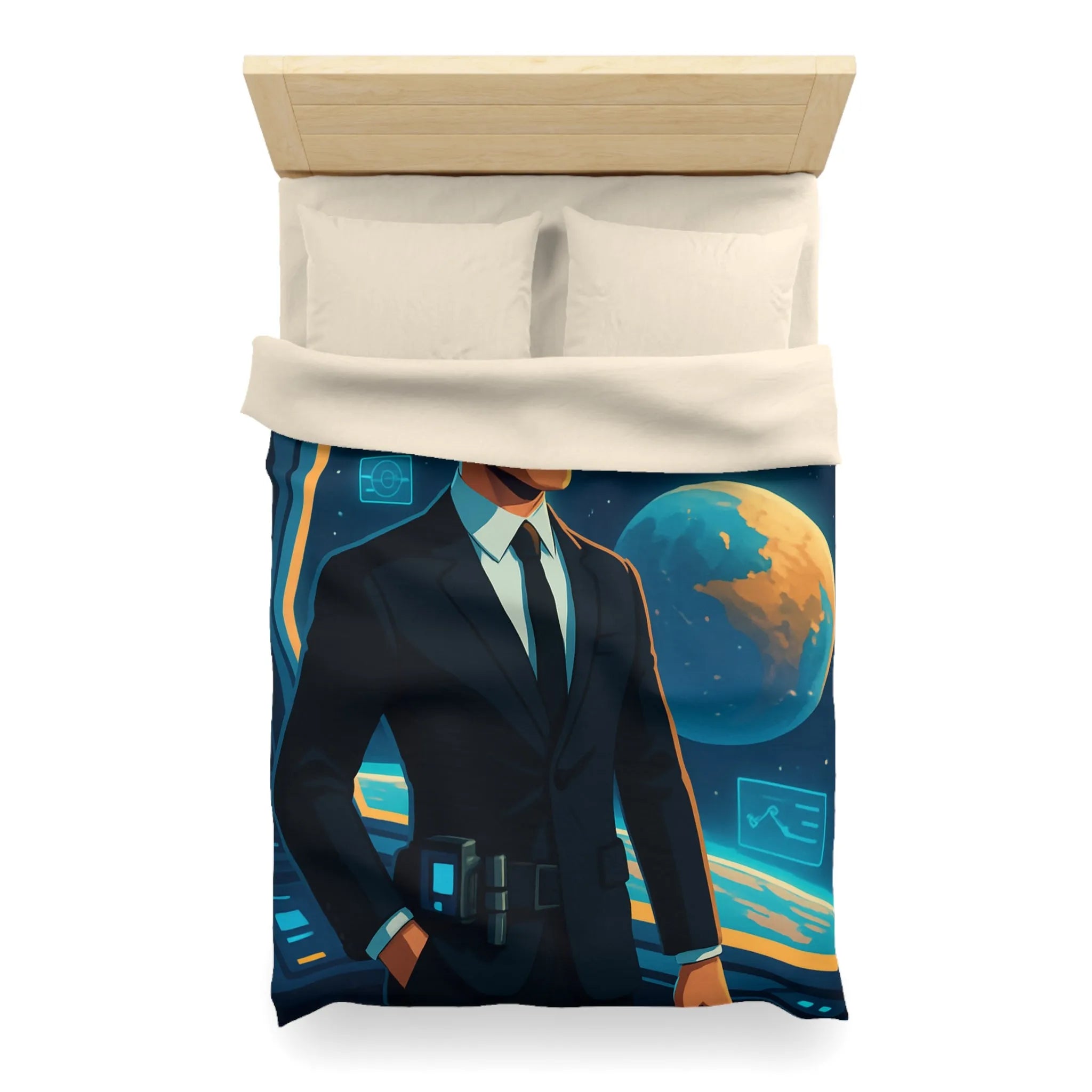 Housse de couette futuriste avec agent spatial et paysages cosmiques numériques immersifs