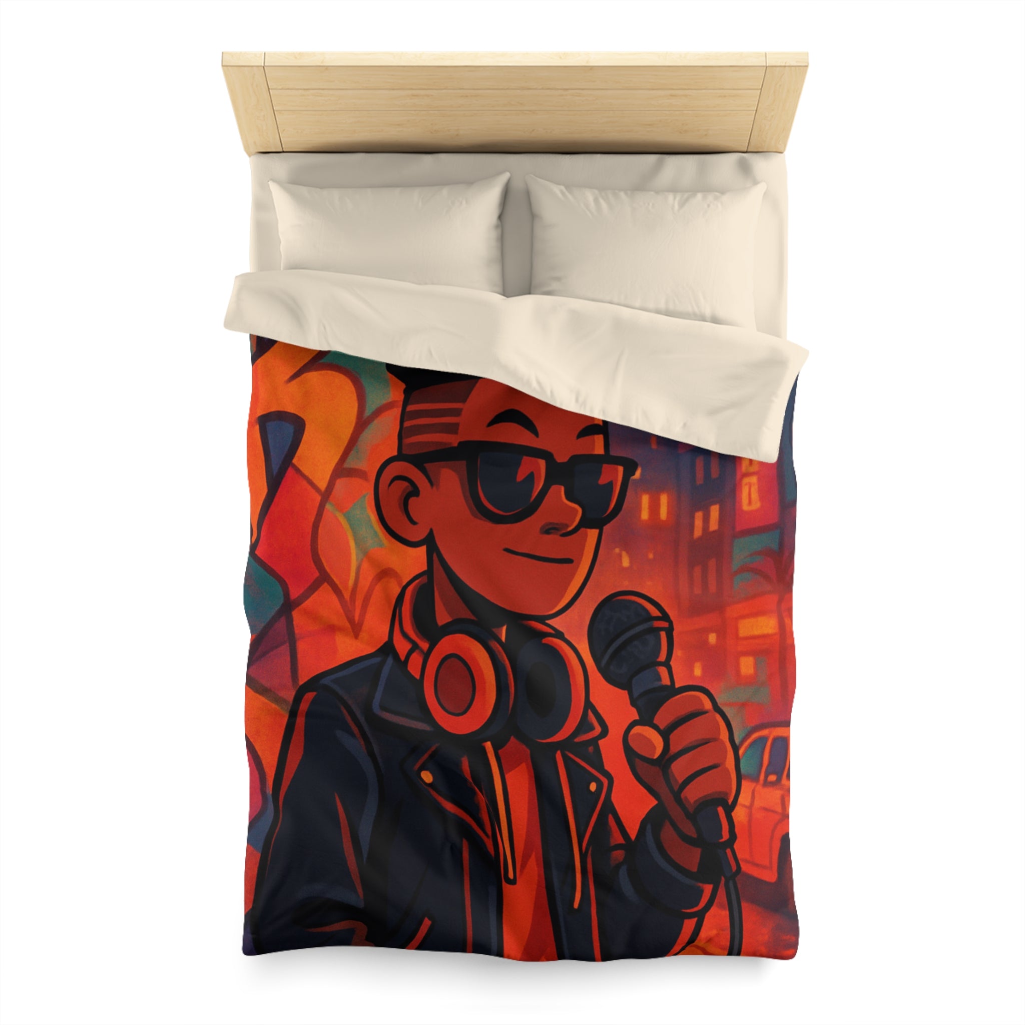 Housse de couette urbaine rétro avec chanteur hip-hop et graphismes vibrants de ville