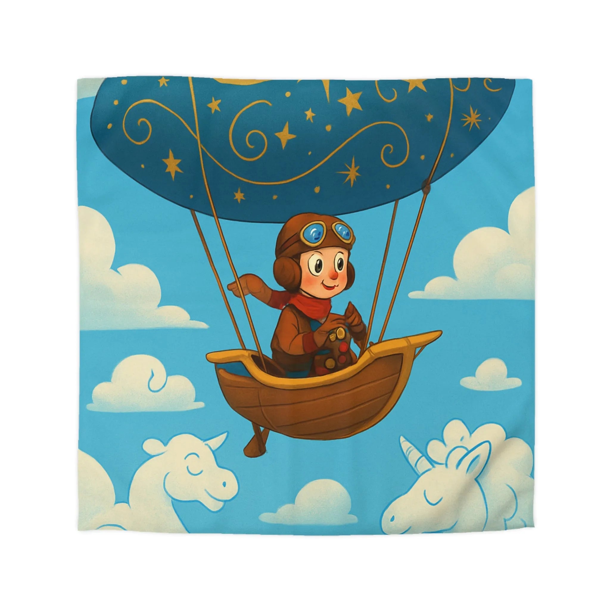 Housse de Couette Fantastique Enfantine avec Montgolfière et Licornes en Nuages