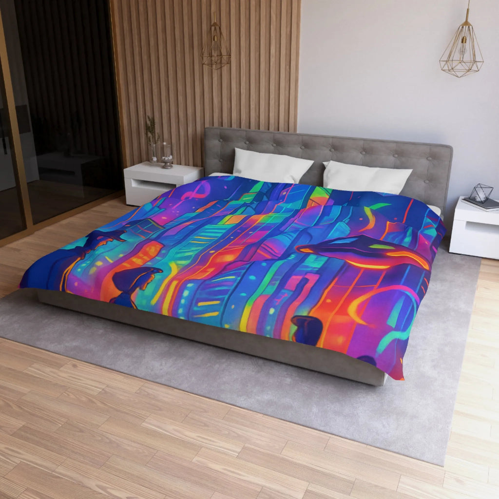 Housse de Couette Colorée Scène Urbaine Futuriste avec Illusions d'Optique Dynamiques et Vives