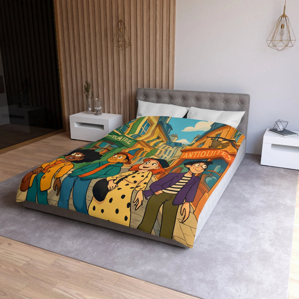 Housse de couette élégante avec design de rue parisienne animée et jeunes explorateurs