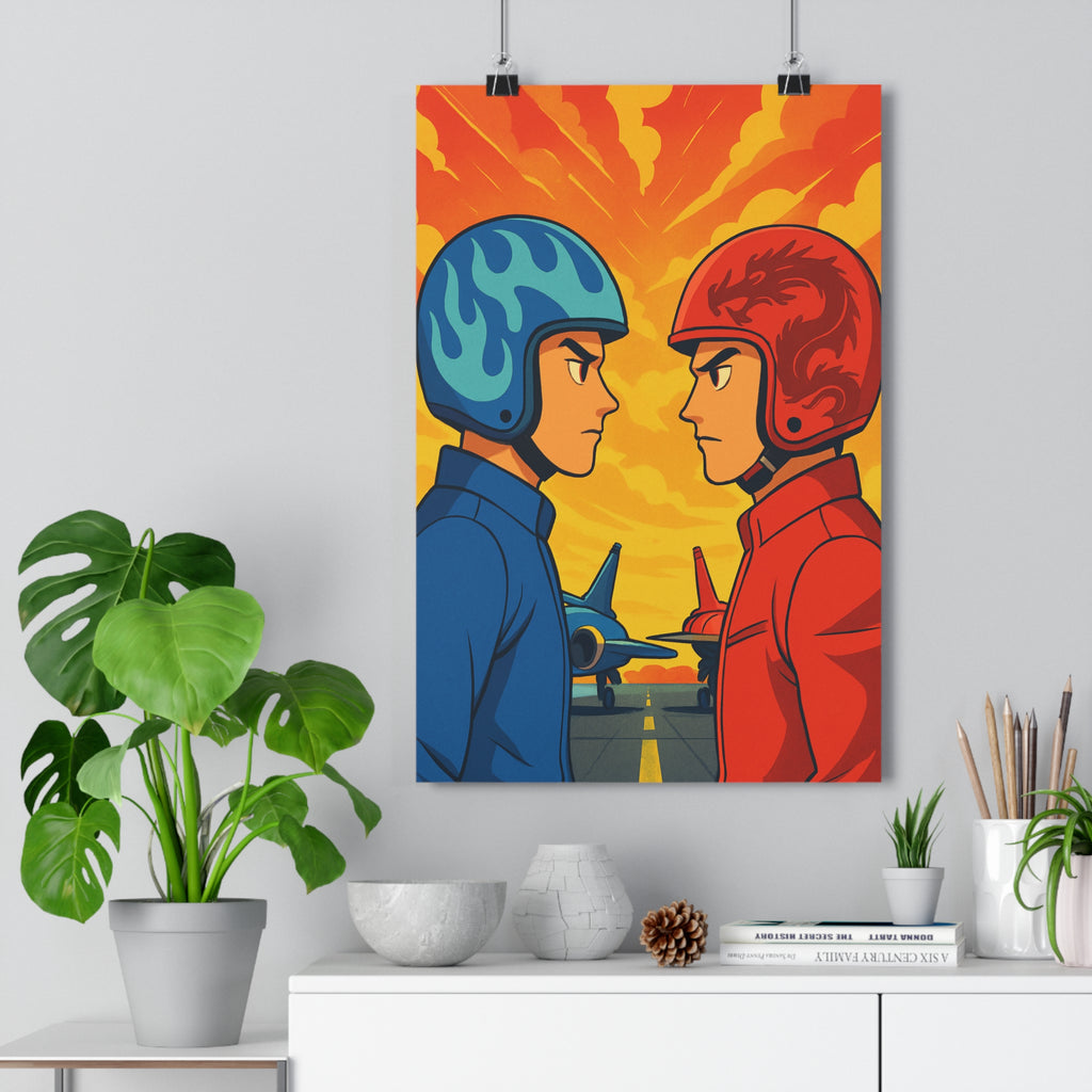 Poster décoratif dessin animé bleu rouge aviation aventure chambre enfant vibrant dynamique unique captivant