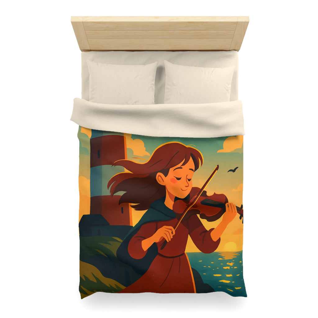Housse de Couette Unique avec Fille Jouant du Violon Devant un Phare au Crépuscule