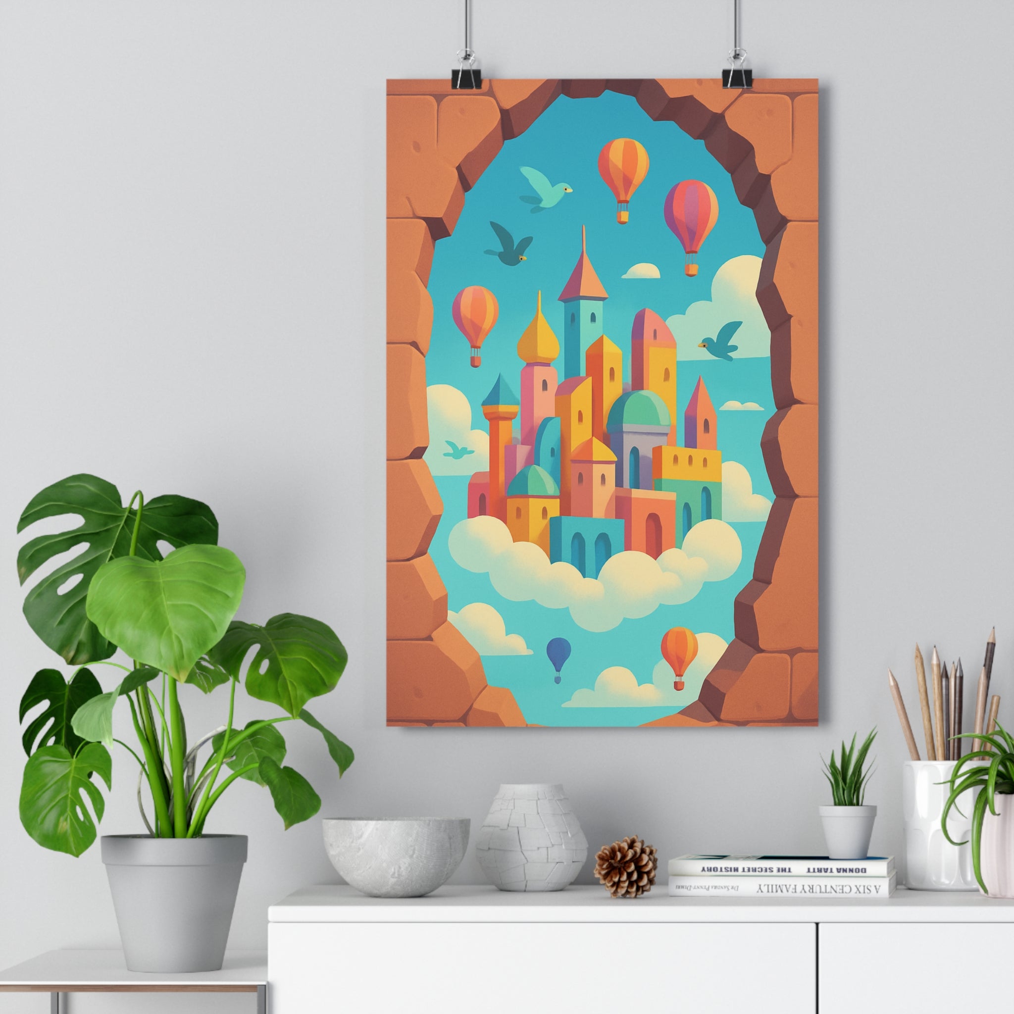 Poster décoratif féerique pastel anime coloré apaisant chambre salon rêveur magique montgolfières oiseaux qualité