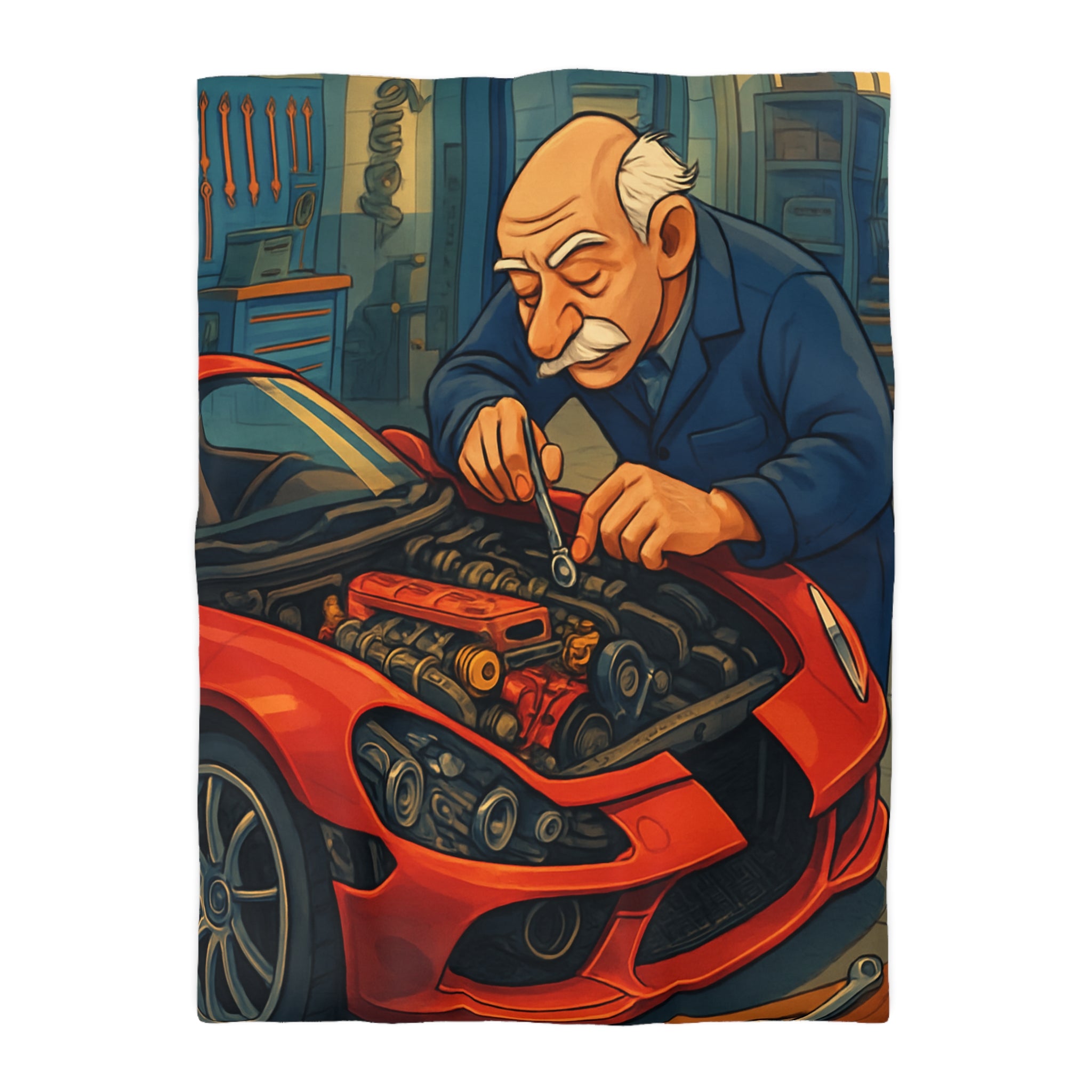 Housse de couette voiture rouge et mécanicien dans garage rétro pour chambre unique