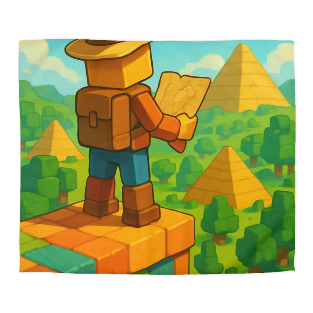 Housse de Couette Ludique Aventure Pixelisée Explorateur Carte Forêt Pyramide Enfant