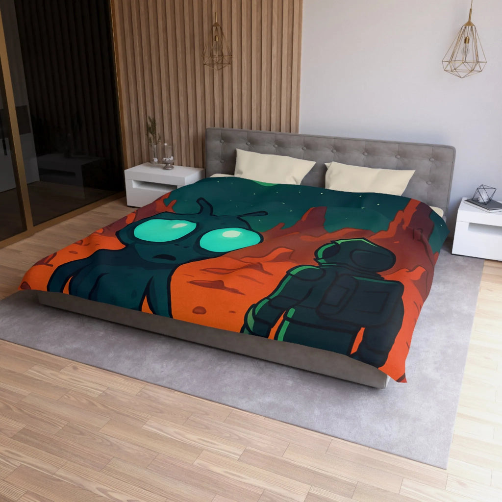 Housse de couette extraterrestre et astronaute sur fond de paysage lunaire mythique