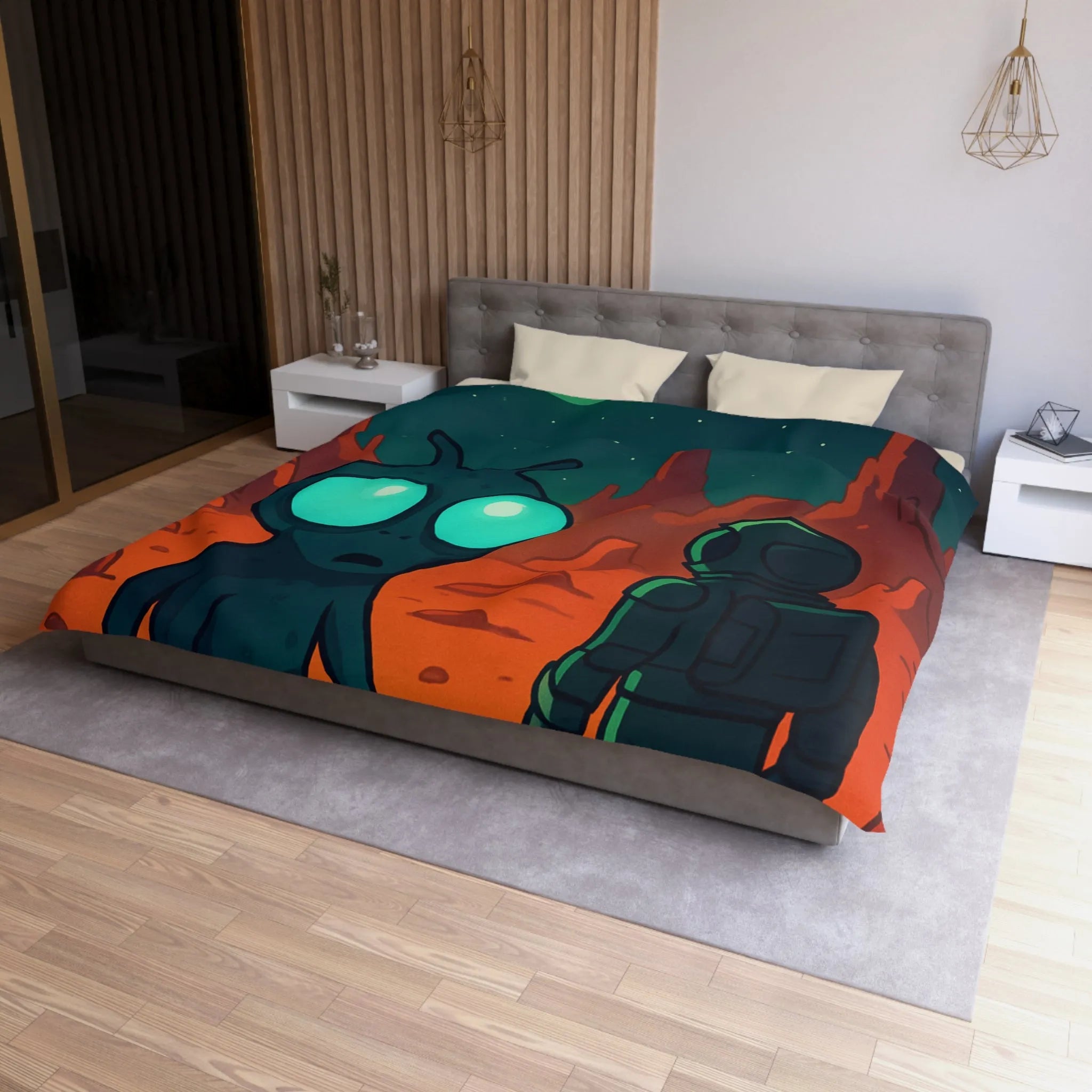 Housse de couette extraterrestre et astronaute sur fond de paysage lunaire mythique