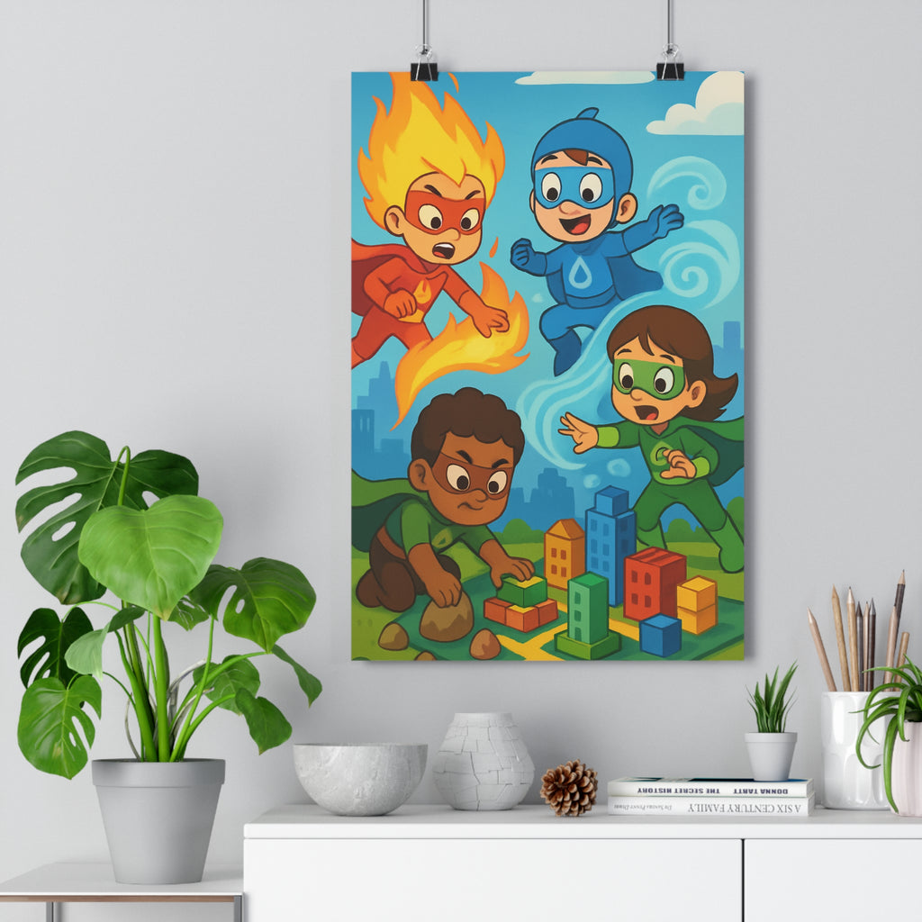 Poster décoratif superhéros rouge bleu vert animé dynamique action aventure enfant chambre vibrant coloré