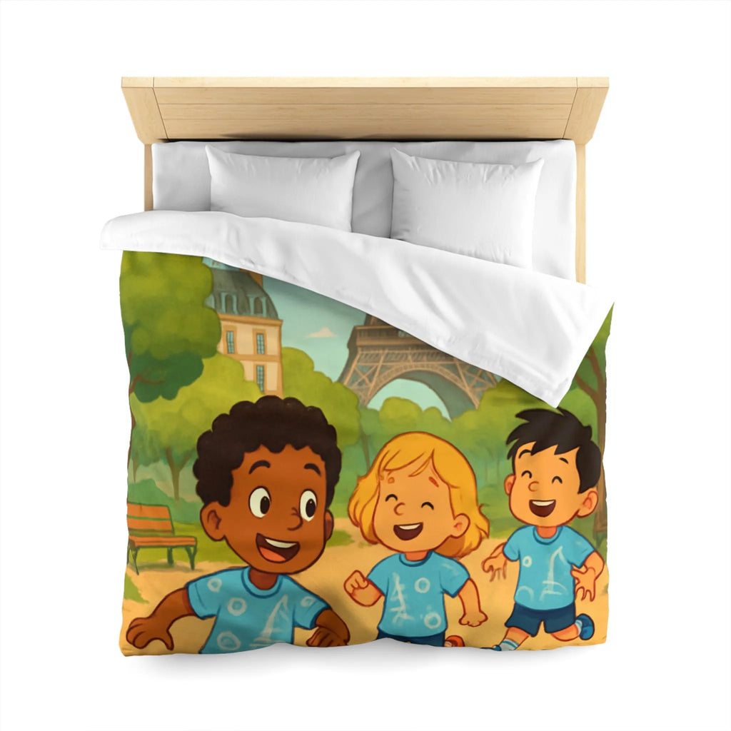 Housse de couette enfant avec tour iconique et cerfs-volants colorés en arrière-plan