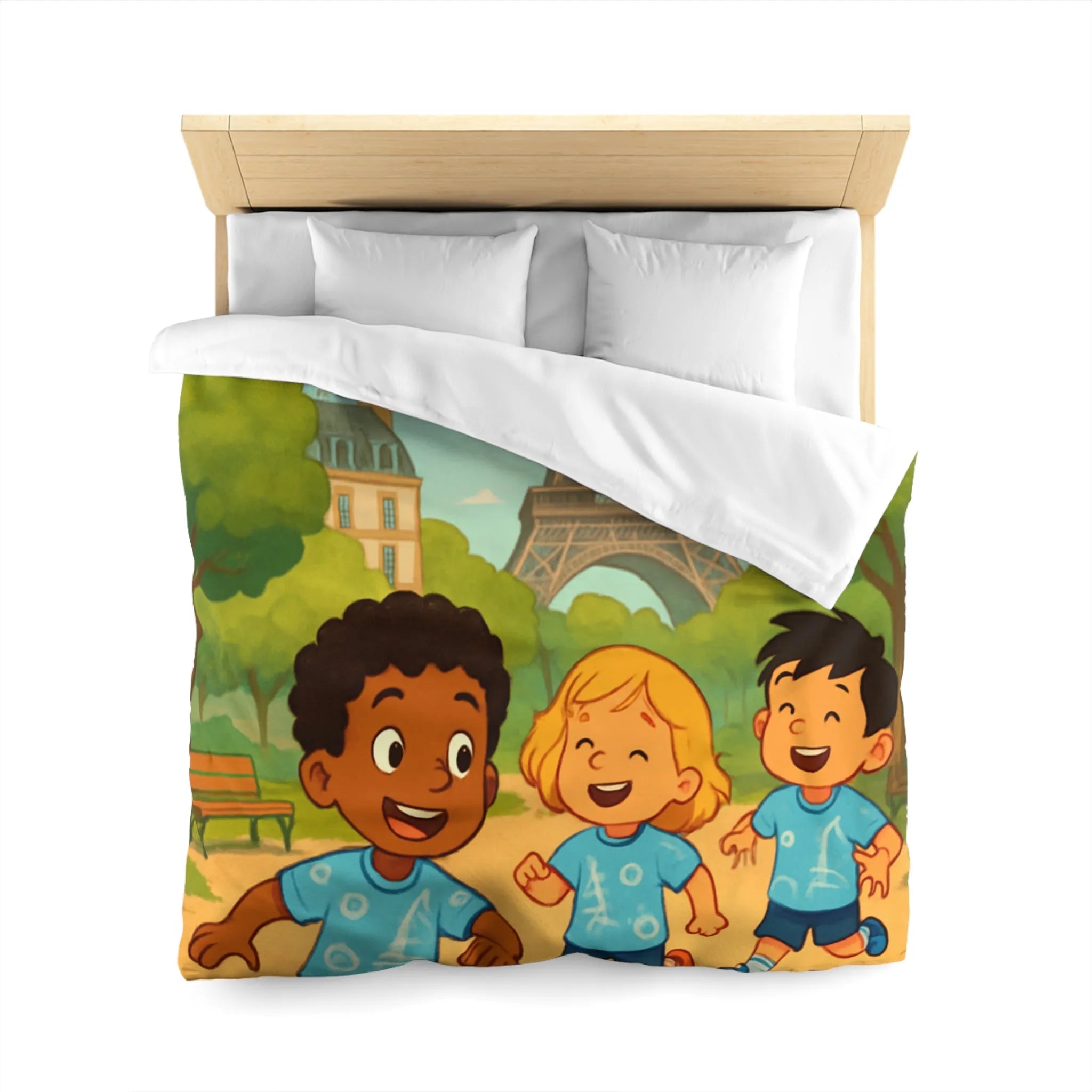 Housse de couette enfant avec tour iconique et cerfs-volants colorés en arrière-plan