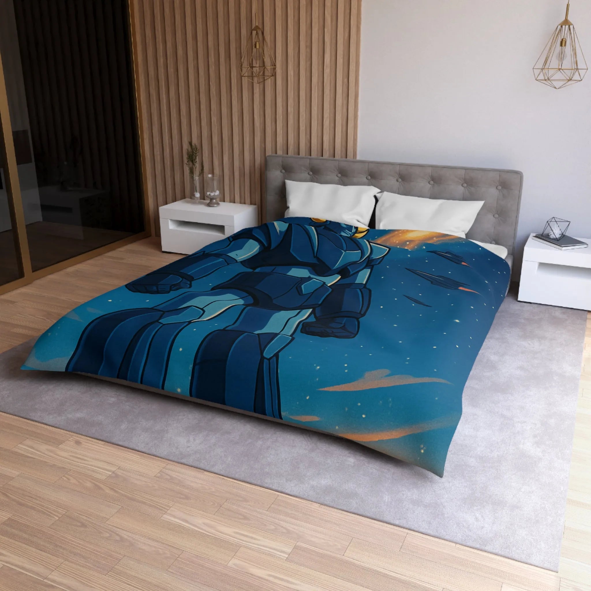 Housse de couette avec illustration rétro robot géant dans l'espace étoilé fascinant