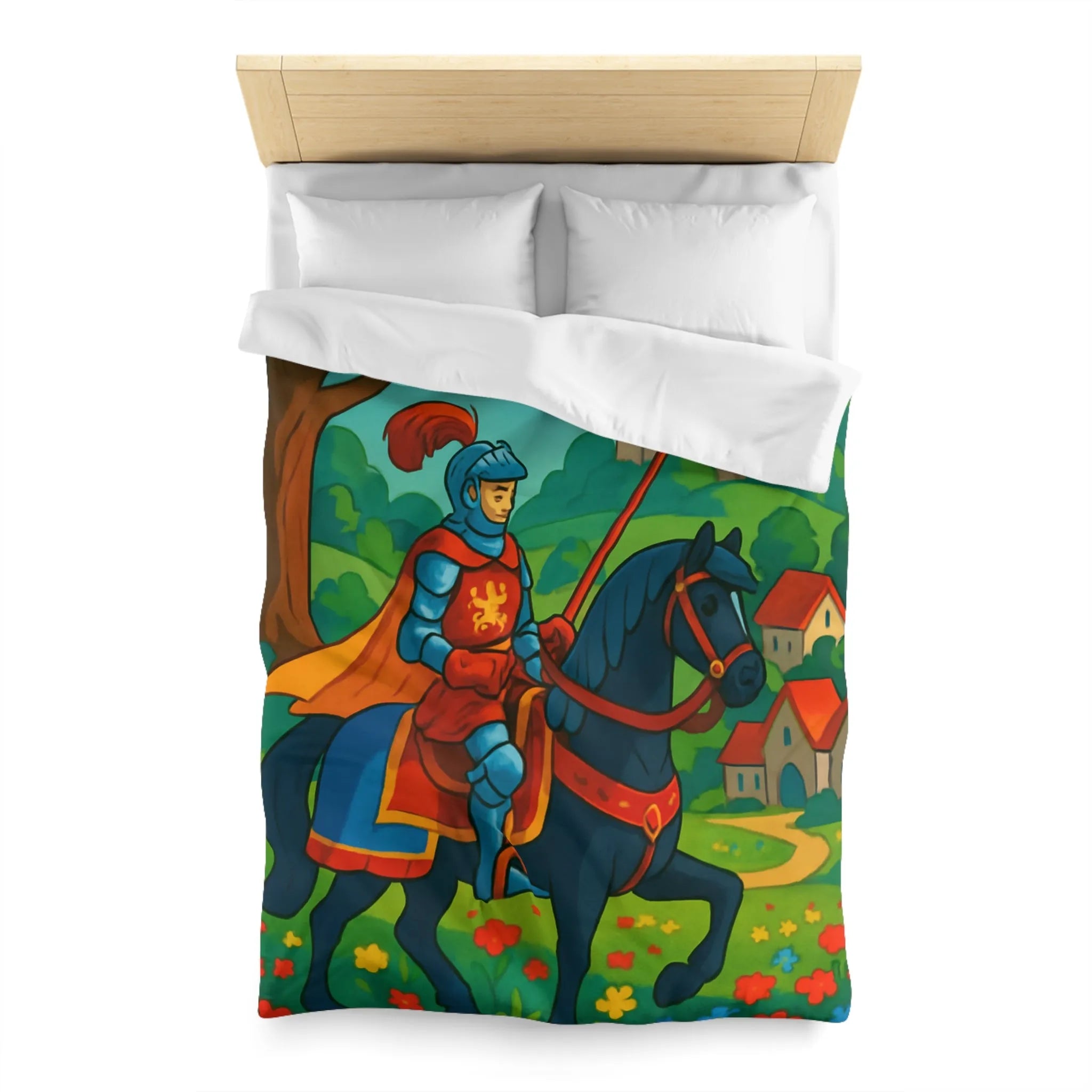 Housse de couette chevalier médiéval illustrée avec château et paysage floral vibrant