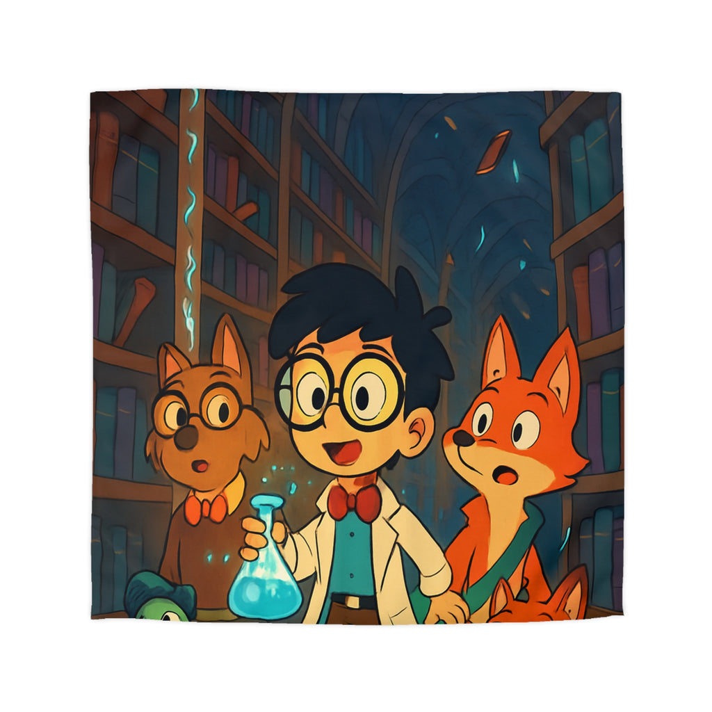 Housse de couette pour enfants avec dessin animé de bibliothèque magique et animaux curieux