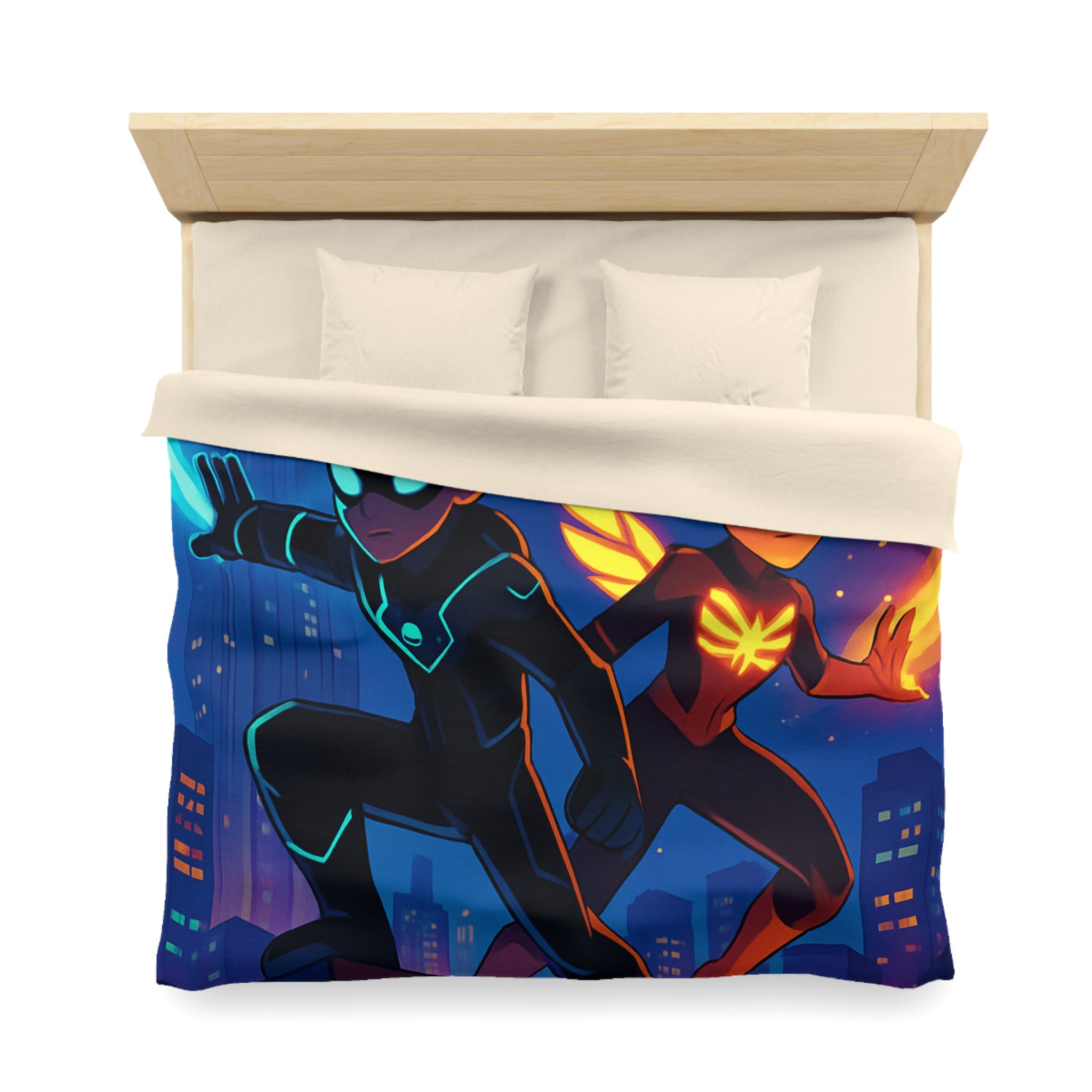 Housse de couette super-héros urbain : ambiance dynamique, couleurs vives, motifs modernes et audacieux