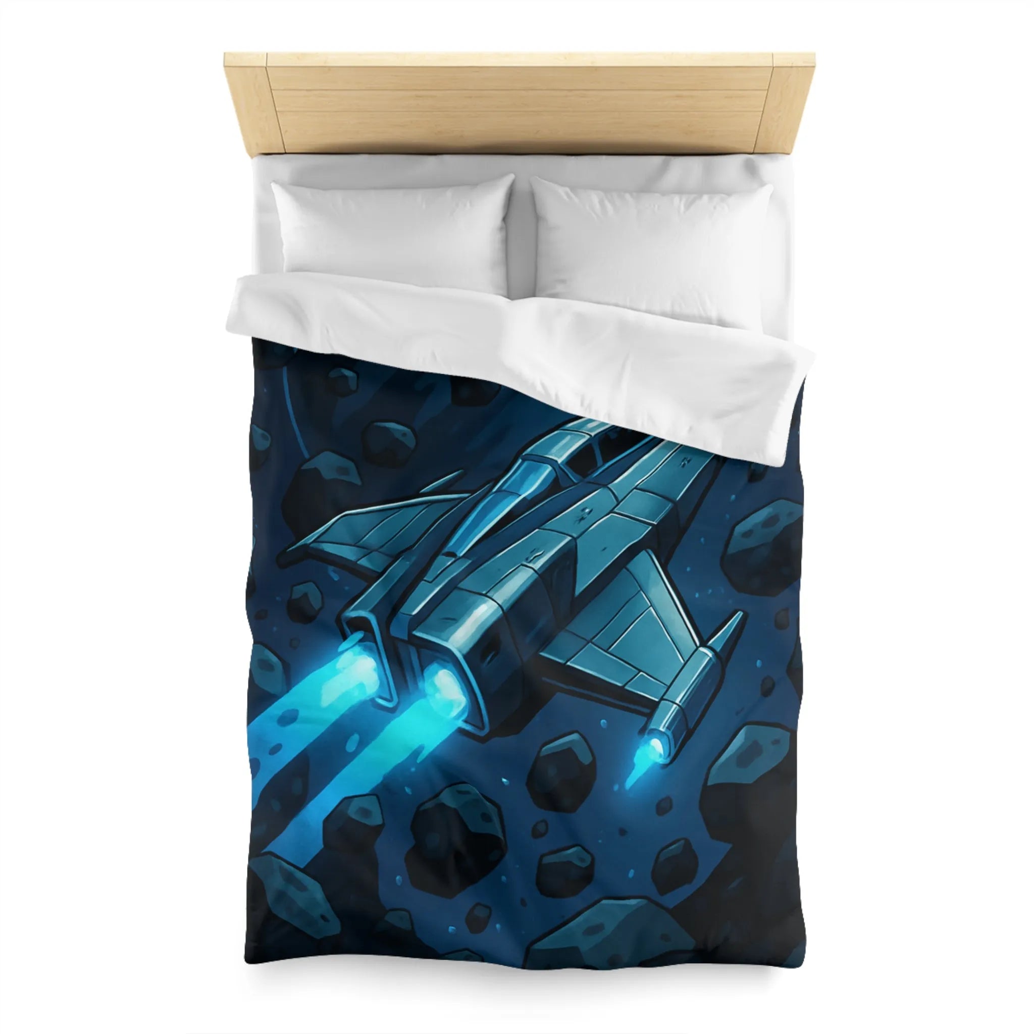 Housse de couette imprimée vaisseau spatial bleu voyageant à travers un champ d'astéroïdes
