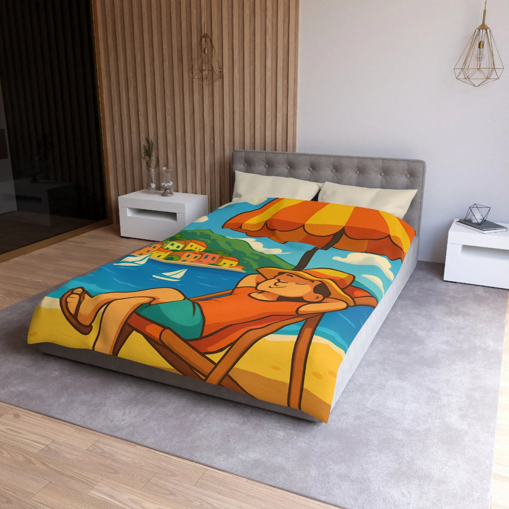 Housse de Couette Colorée Plage avec Parasol, Mer et Voiliers Décontractés Illustration