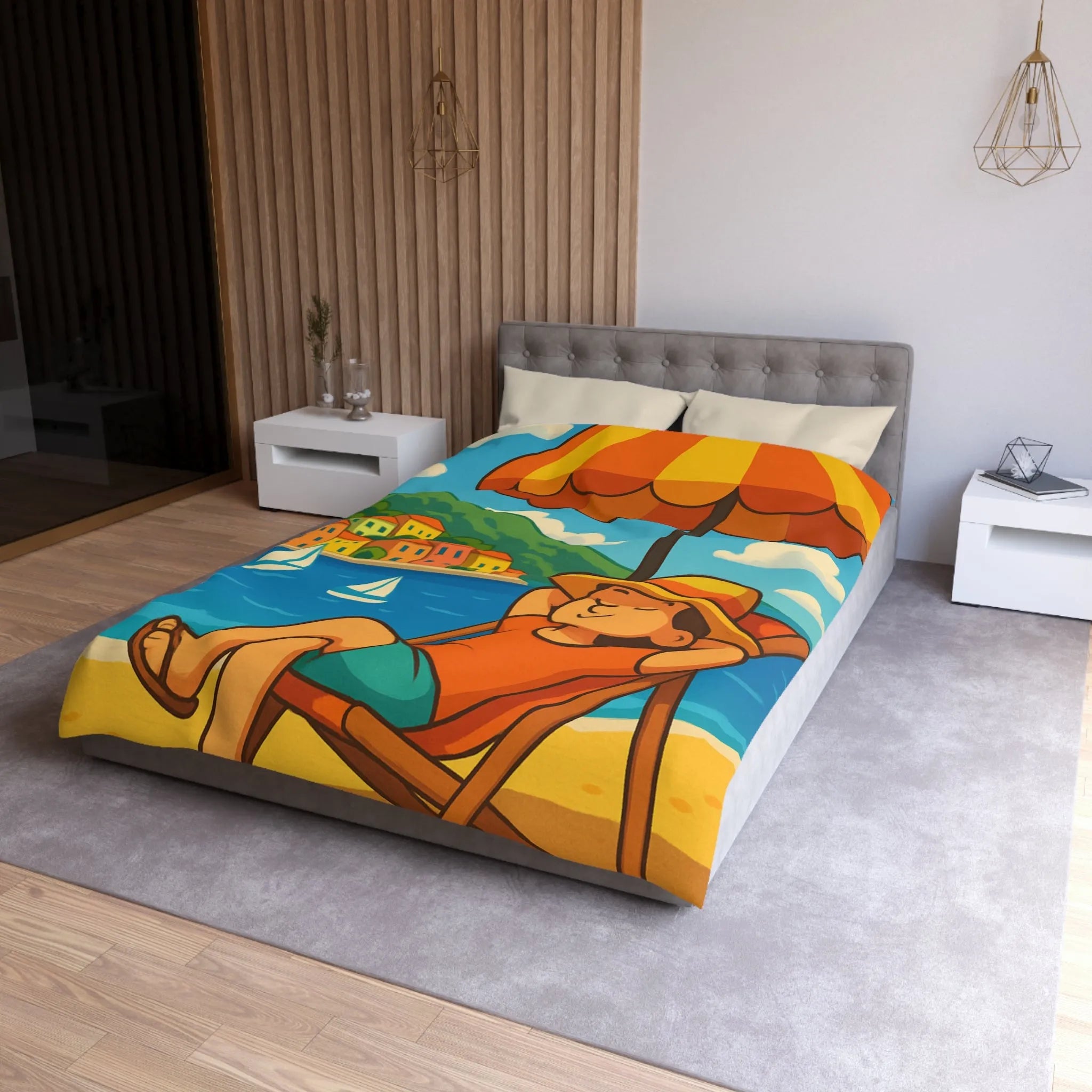 Housse de Couette Colorée Plage avec Parasol, Mer et Voiliers Décontractés Illustration