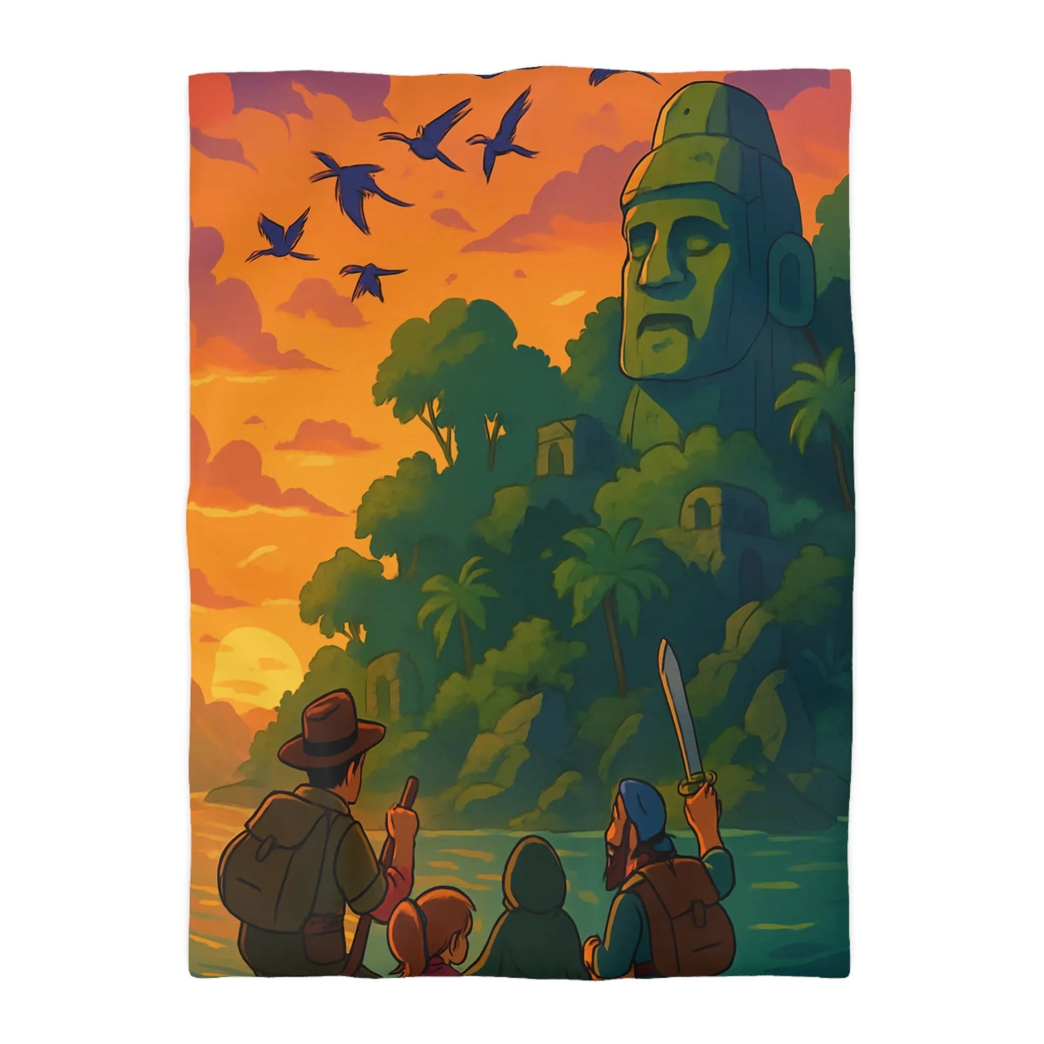 Housse de couette aventureuse avec scène tropicale au coucher du soleil et ruines mystérieuses