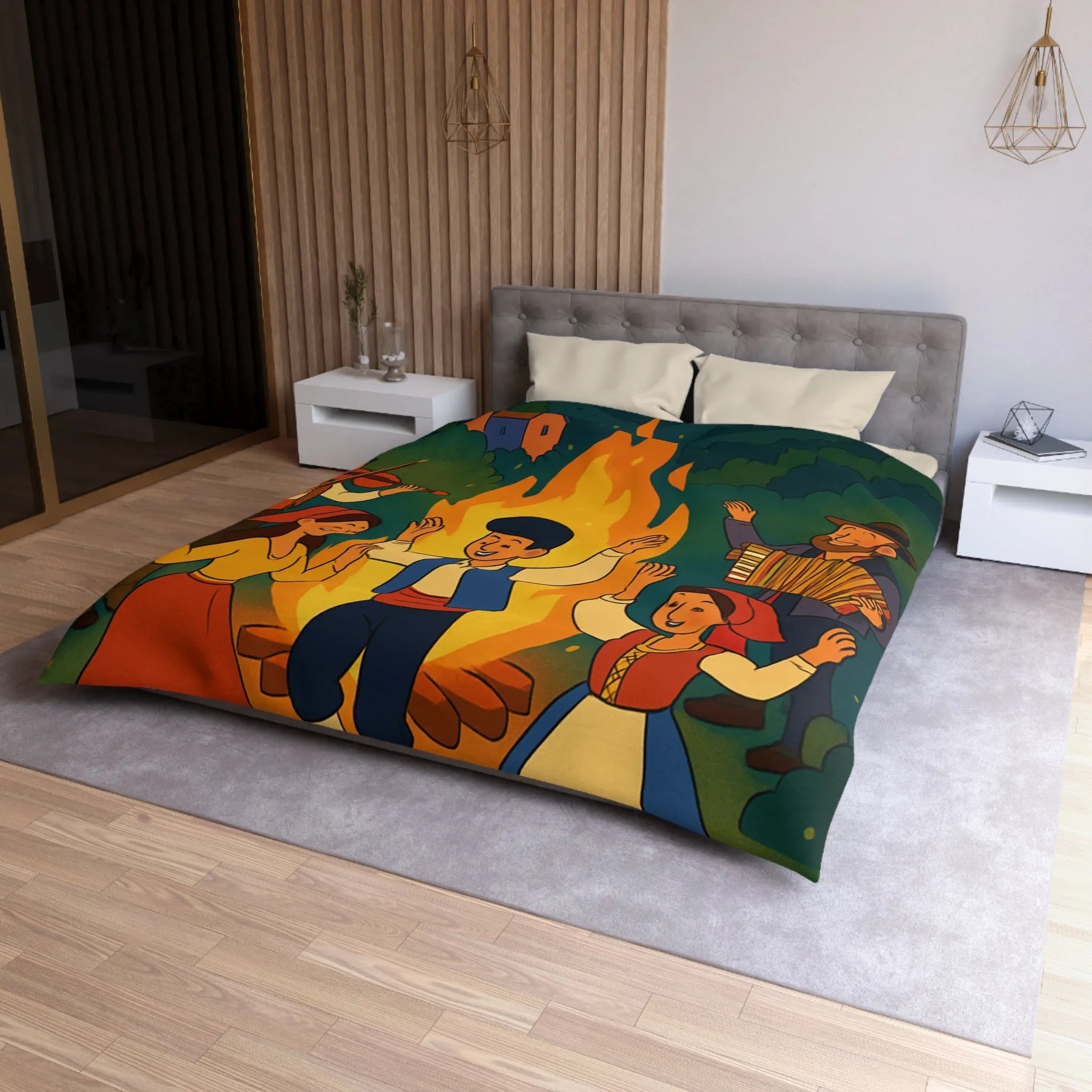 Housse de couette colorée danse folklorique autour du feu avec musiciens traditionnels