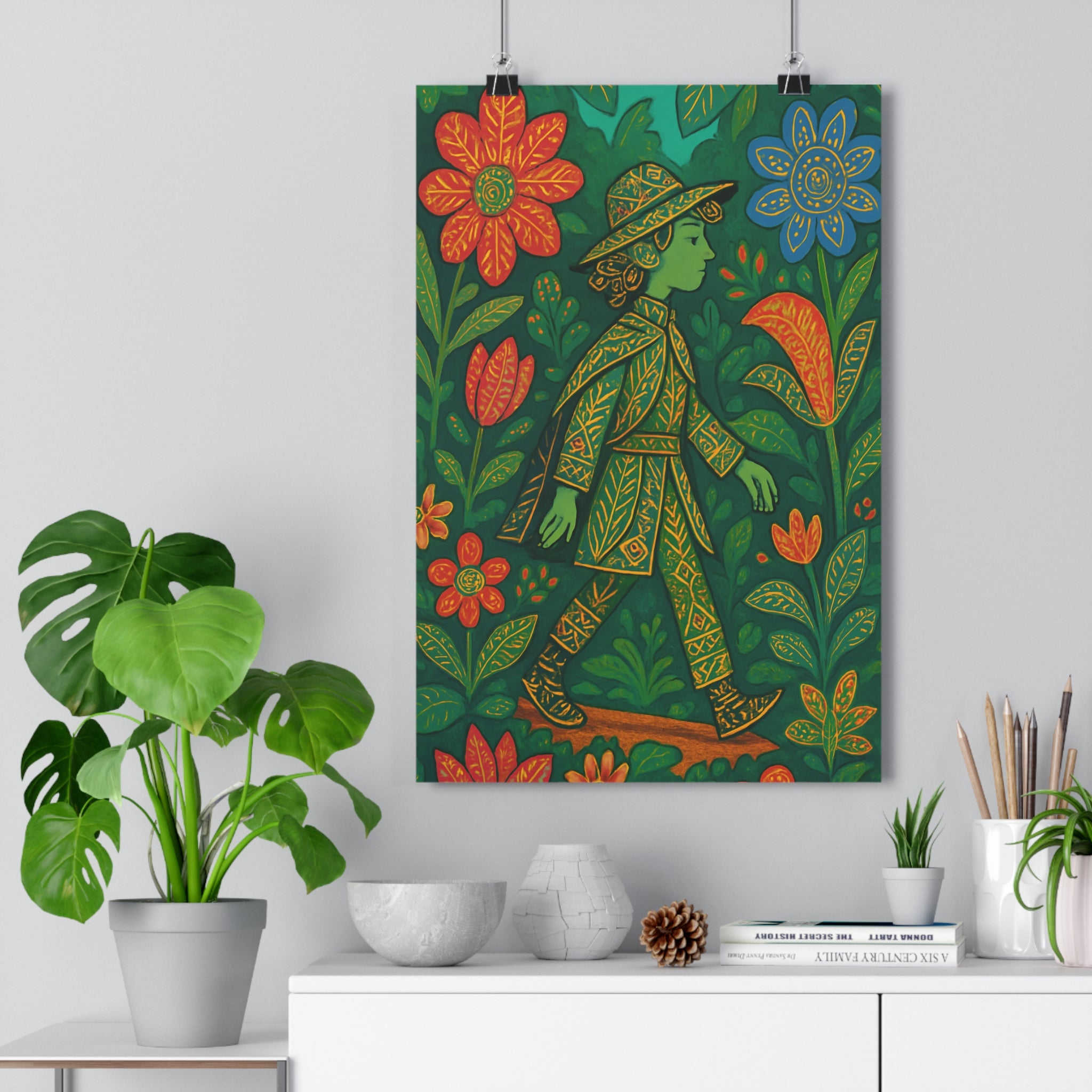Poster décoratif vibrante jardin personnage stylisé vert rouge orange bleu artistique chambre salon qualité