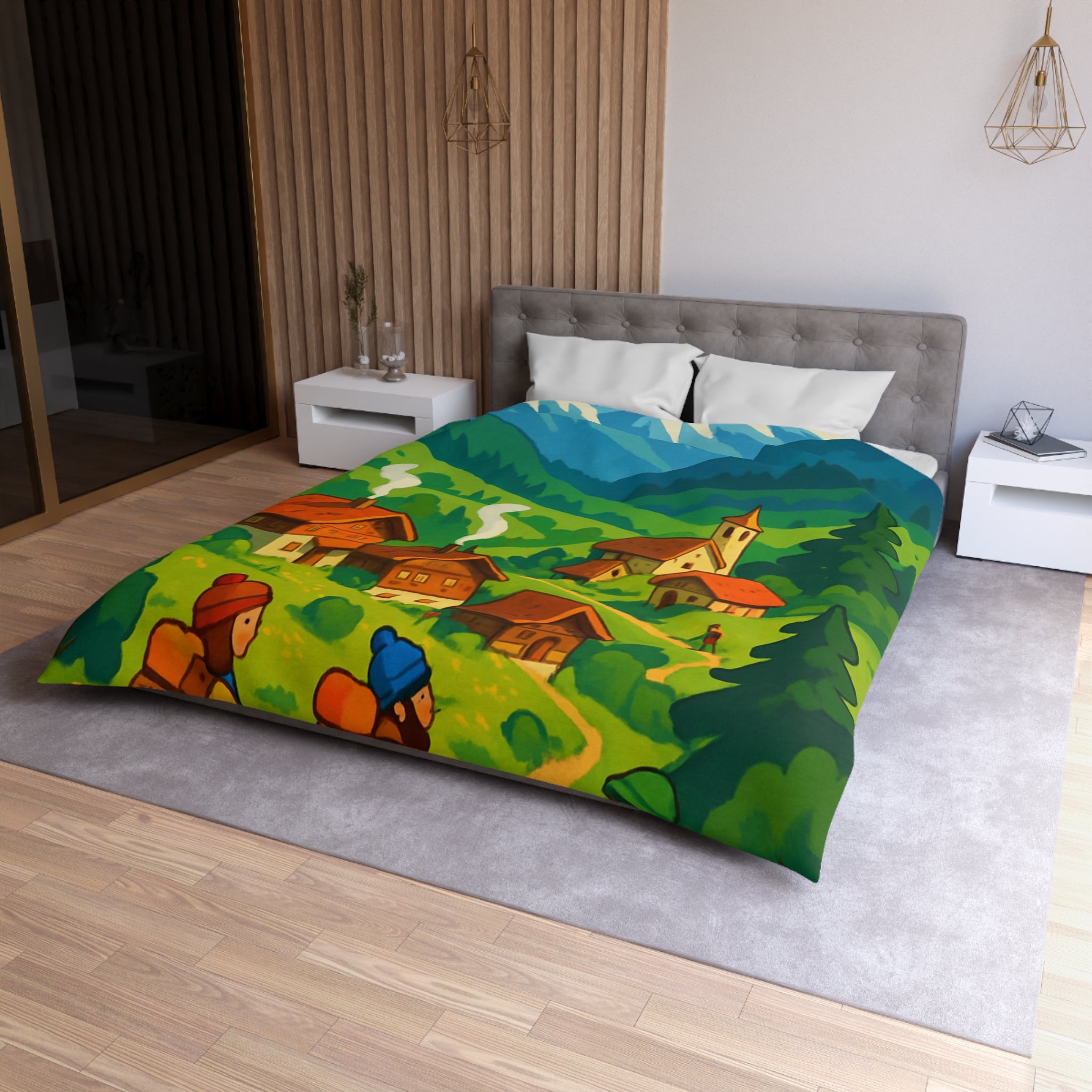 Housse de Couette Montagne avec Aventureurs, Chalets et Paysage Montagnard Enneigé