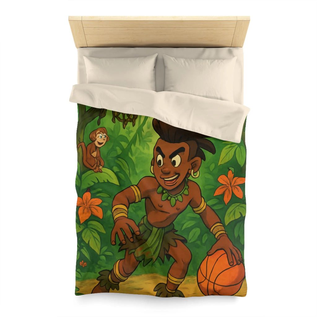 Housse de couette jungle avec garçon joueur de basket et animaux exotiques colorés