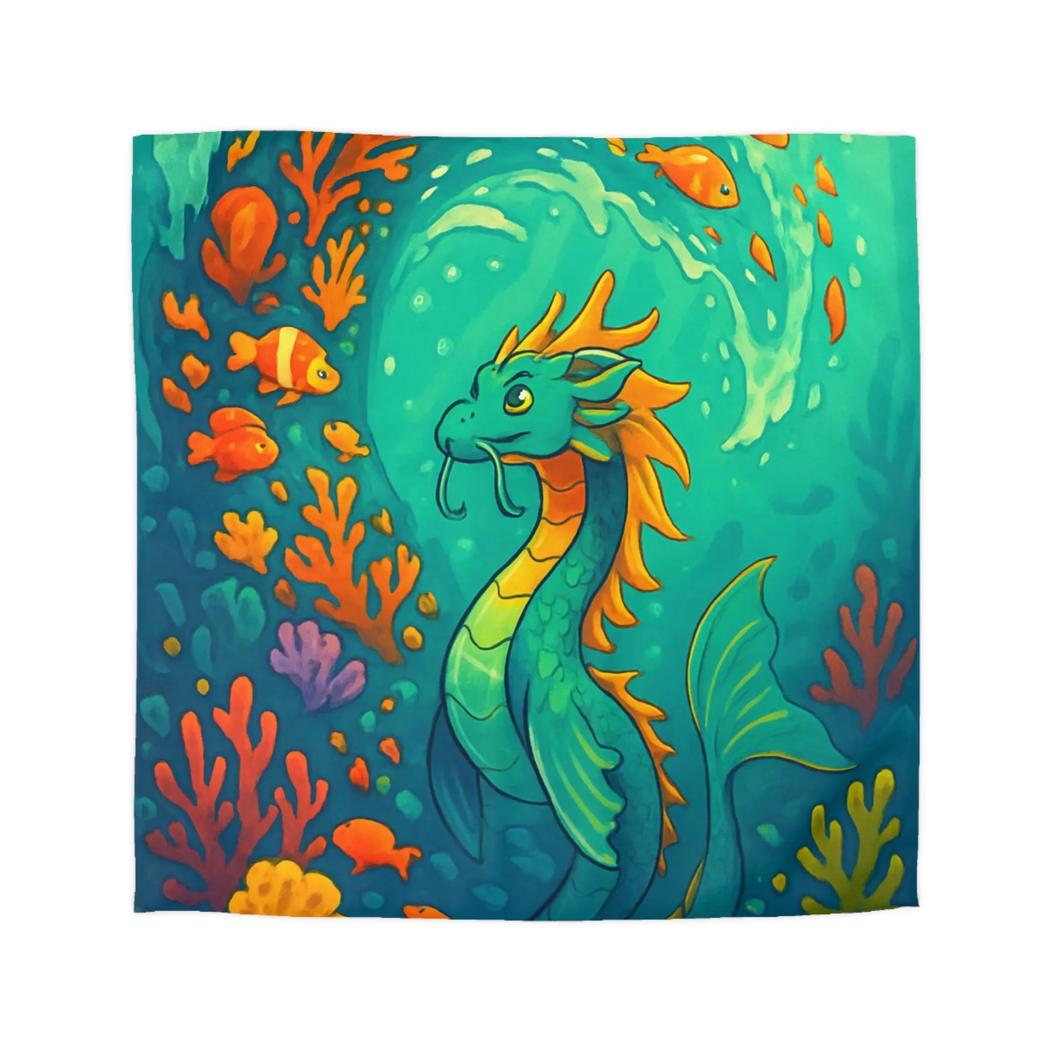 Housse de couette avec dragon marin et poissons dans des eaux colorées vibrantes