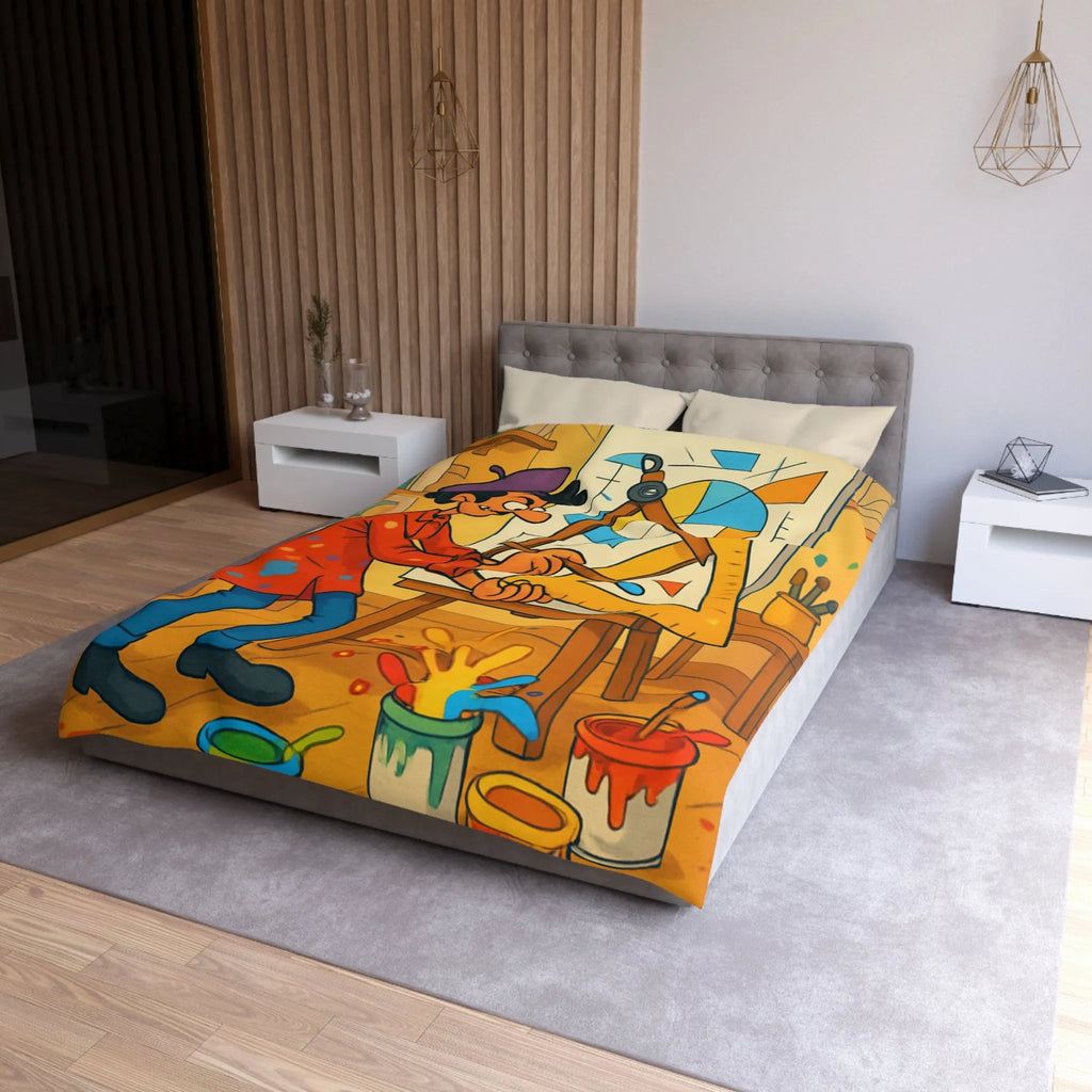 Housse de couette artistique avec motif géométrique et artiste cartoon en atelier coloré