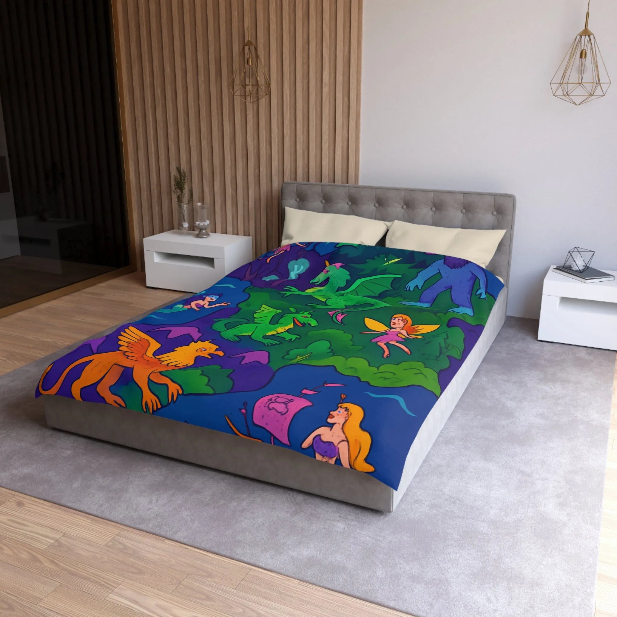 Housse de couette féérique colorée avec créatures légendaires pour chambre enchanteur