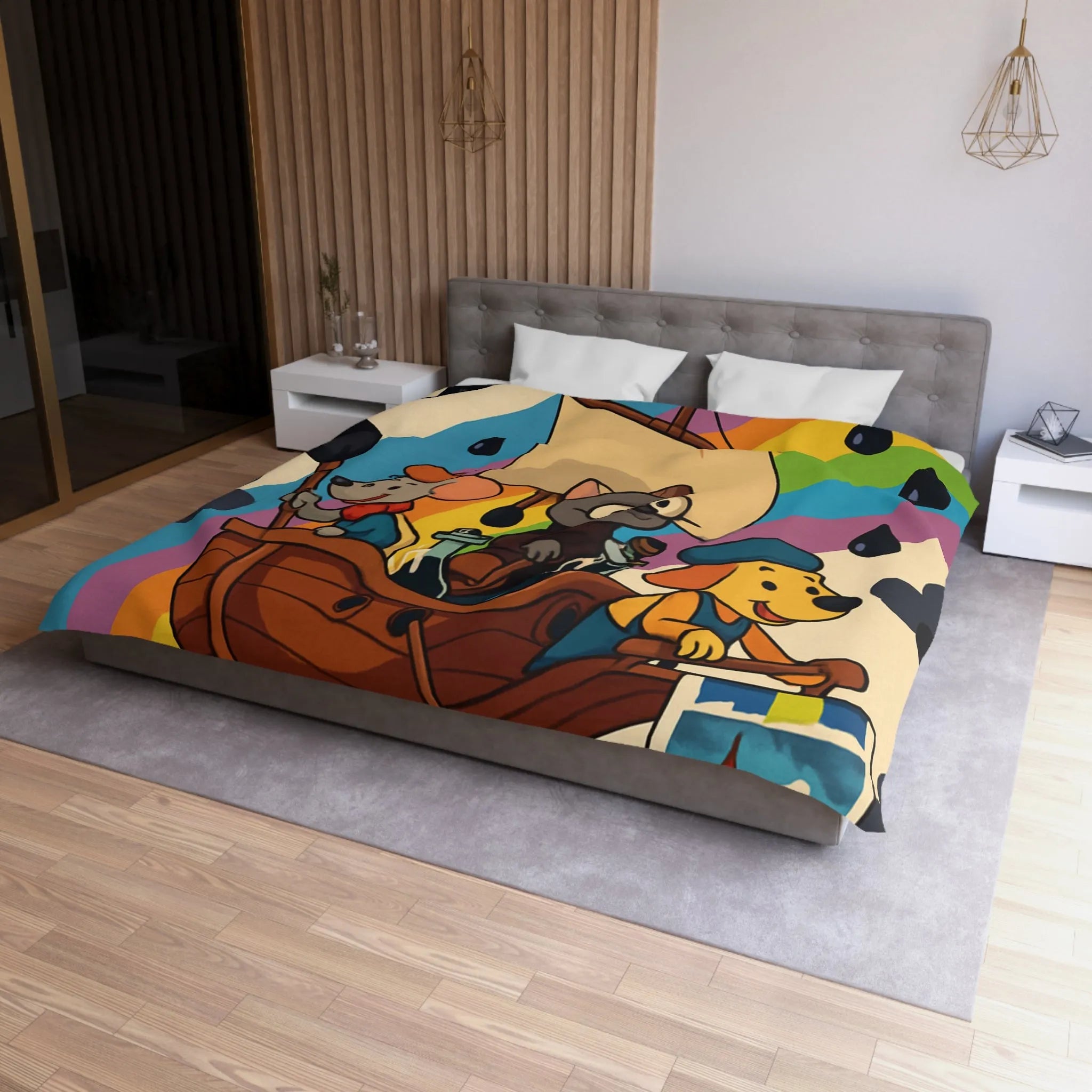 Housse de couette enfant avec animaux navigateurs sur arc-en-ciel et bateau enchanteur