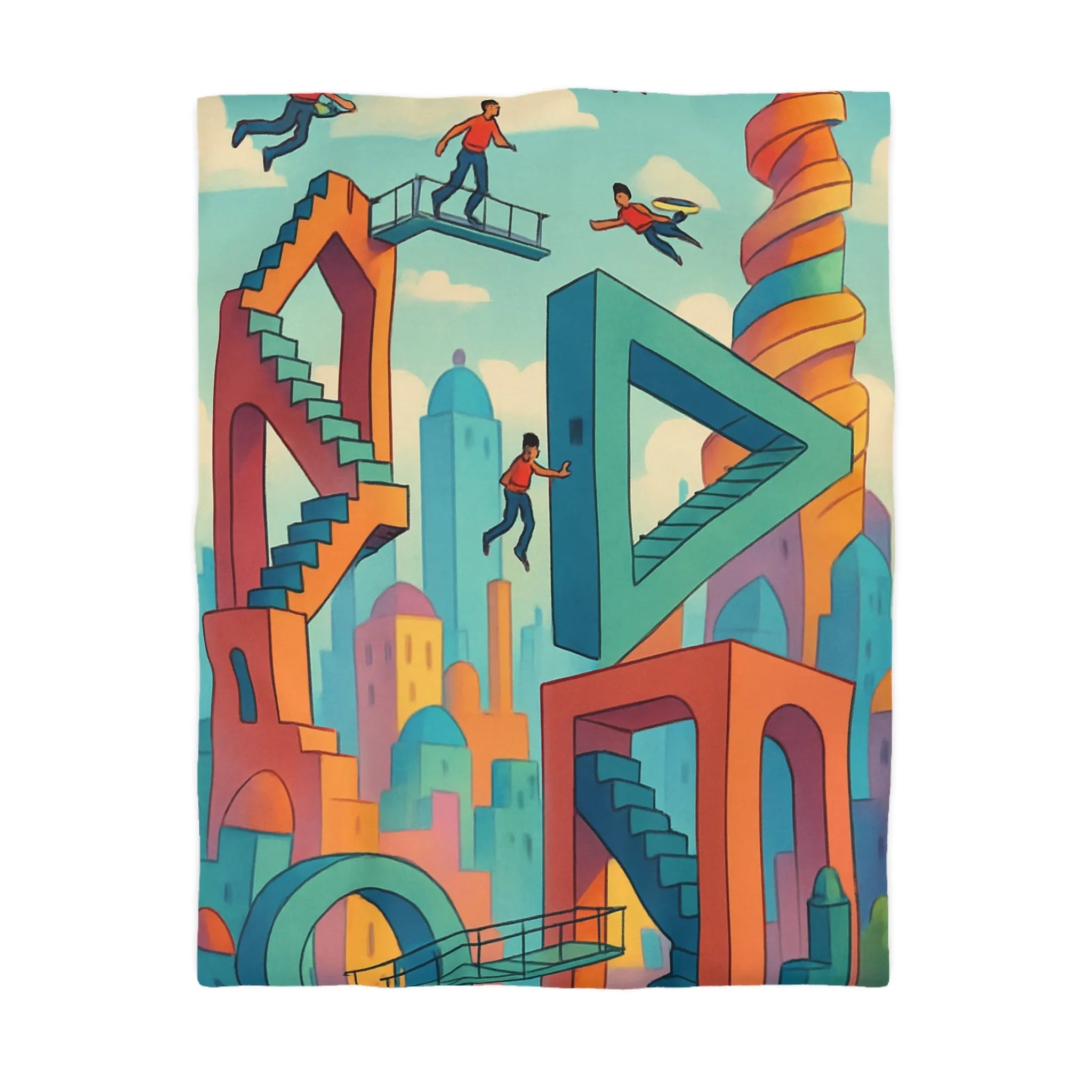 Housse de couette design moderne avec escalier flottant et ciel surréaliste coloré