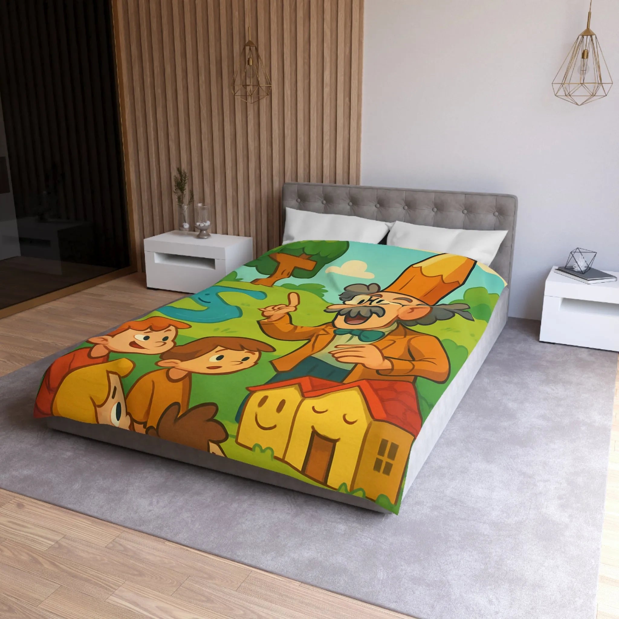 Housse de couette colorée avec un professeur et enfants dans un paysage enchanteur