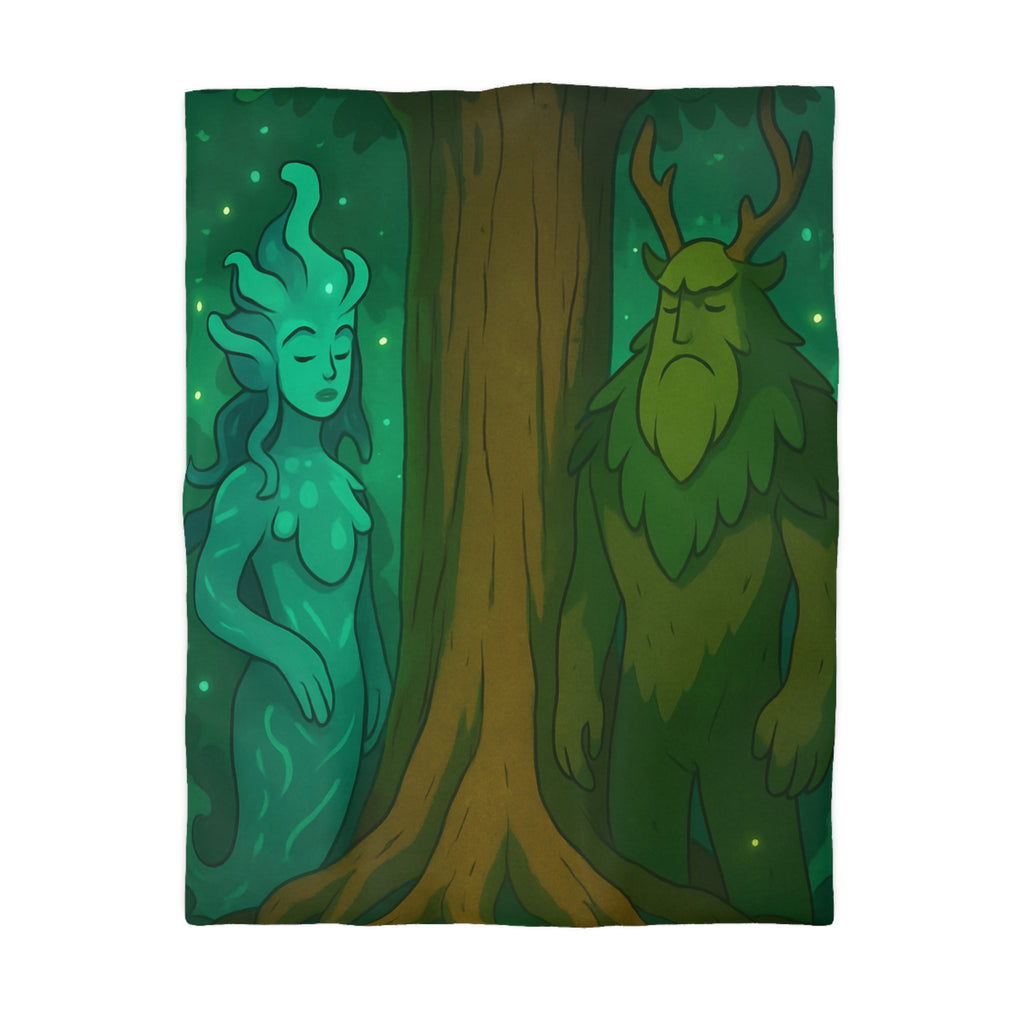 Housse de couette mystique forêt avec figures élémentaires, arbre central et ambiance sereine