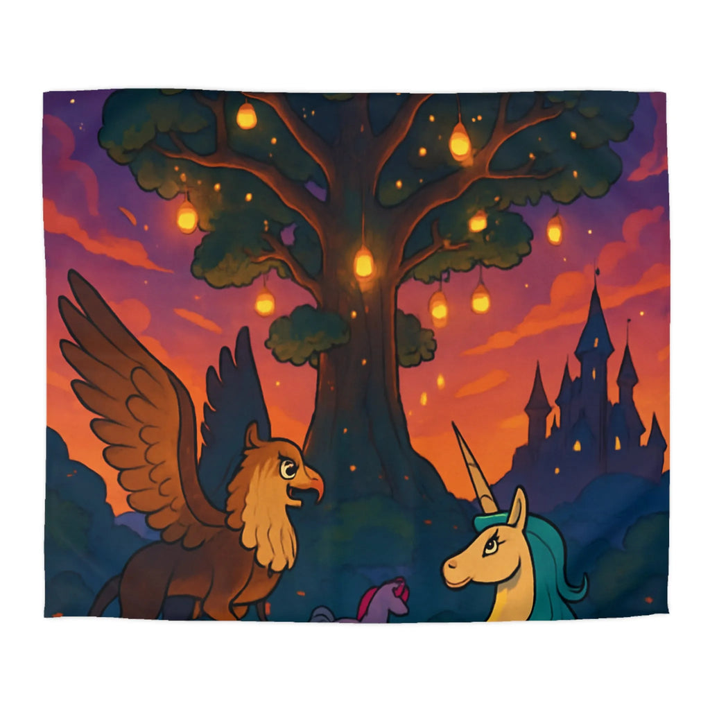 Housse de couette féerique avec licorne et griffon sous arbre lumineux au crépuscule