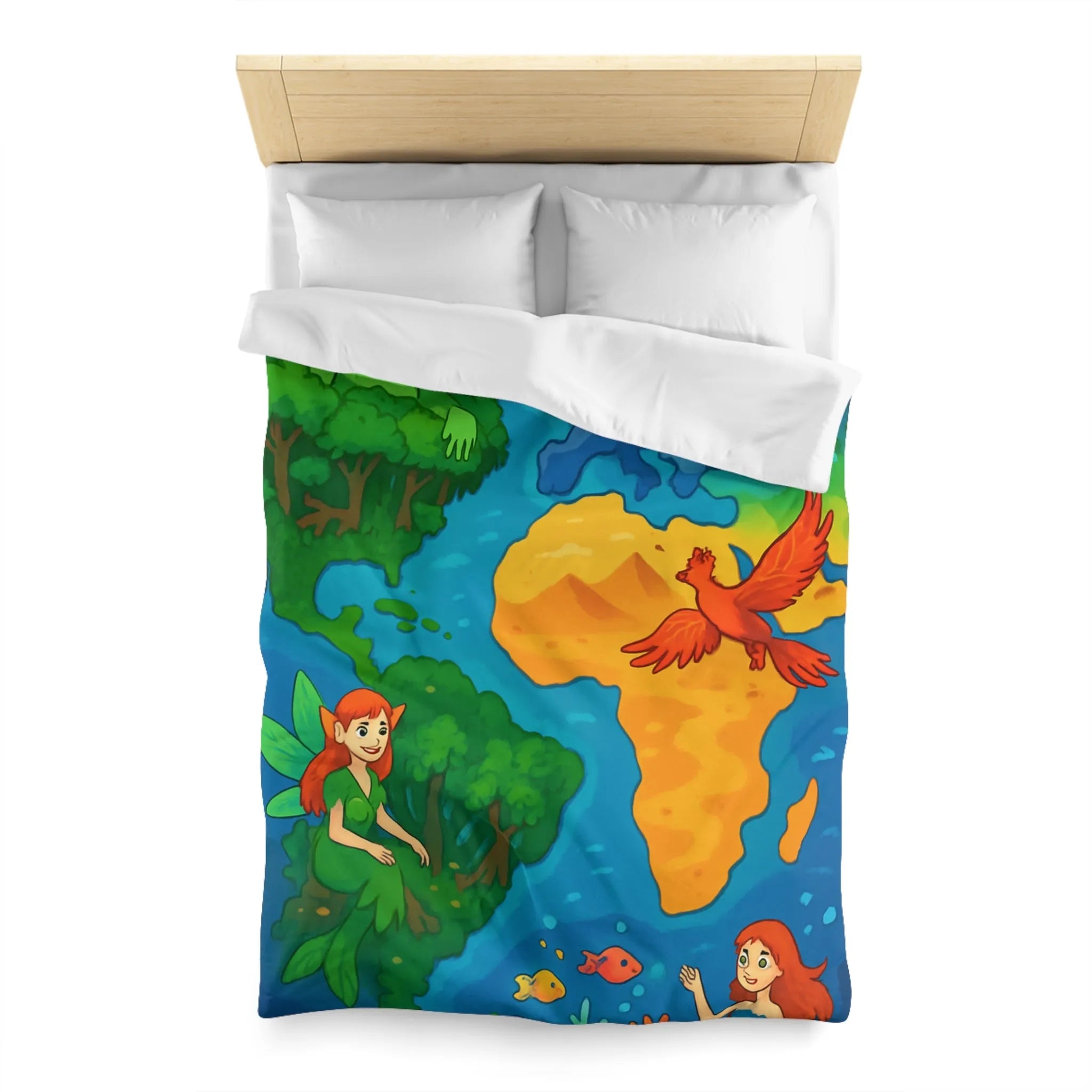 Housse de couette fantastique colorée avec créatures élémentaires de la terre, de l'air et de l'eau