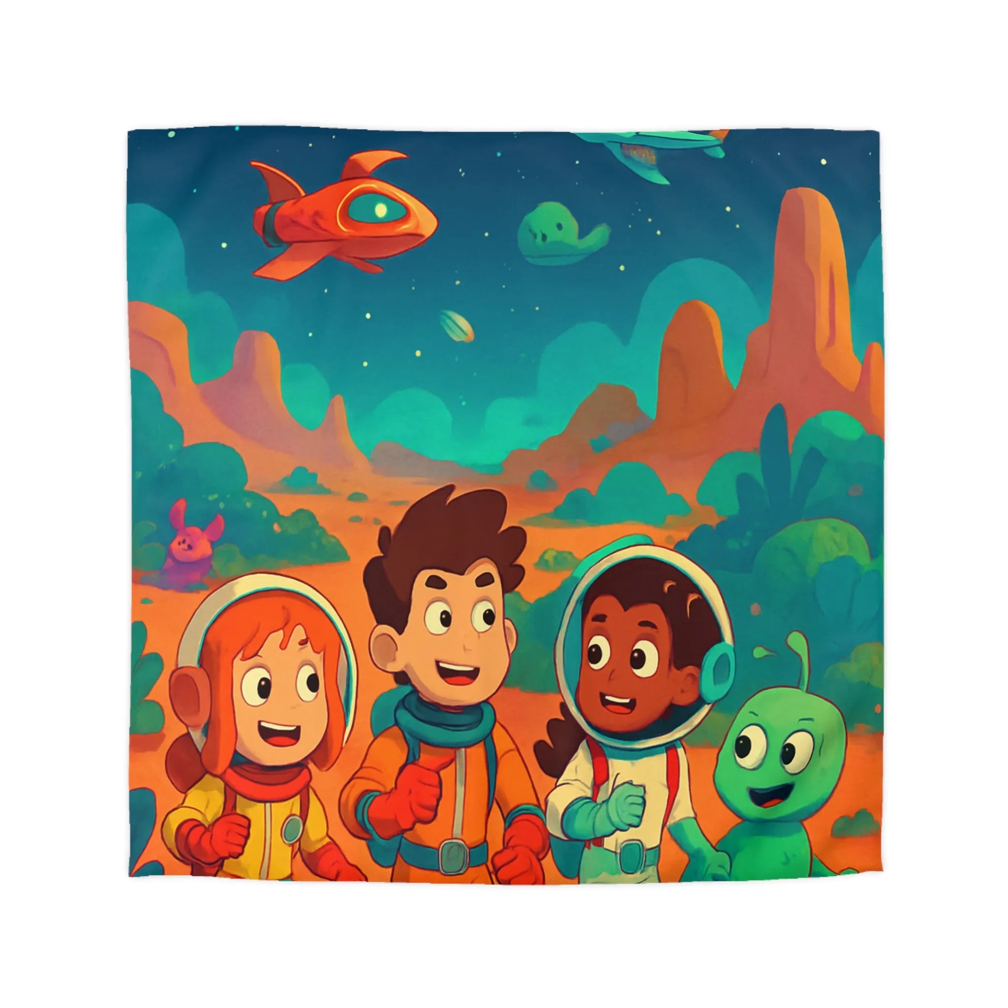 Housse de couette espace enfants, design coloré avec astronautes et paysages interstellaires