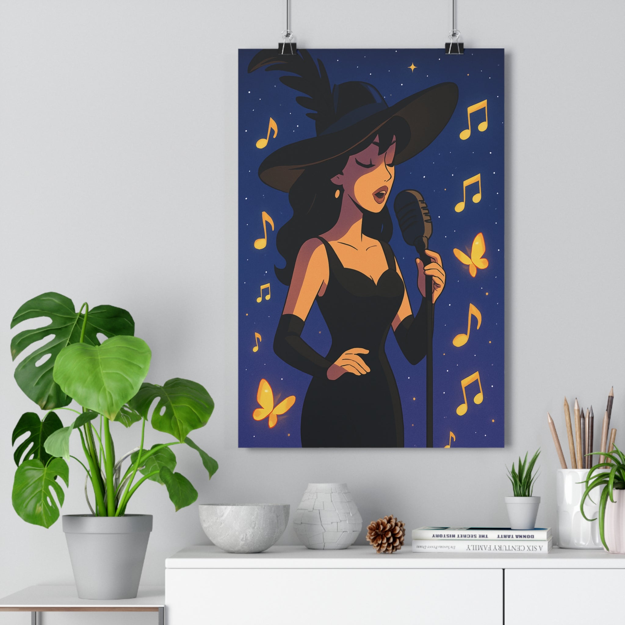 Poster décoratif animé femme chantante mystique noir élégant musical salon chambre tendance unique qualité