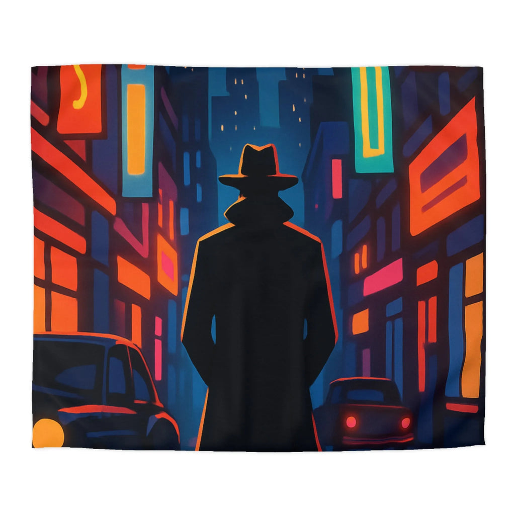 Housse de couette avec silhouette urbaine rétro, lune mystérieuse et néons intenses