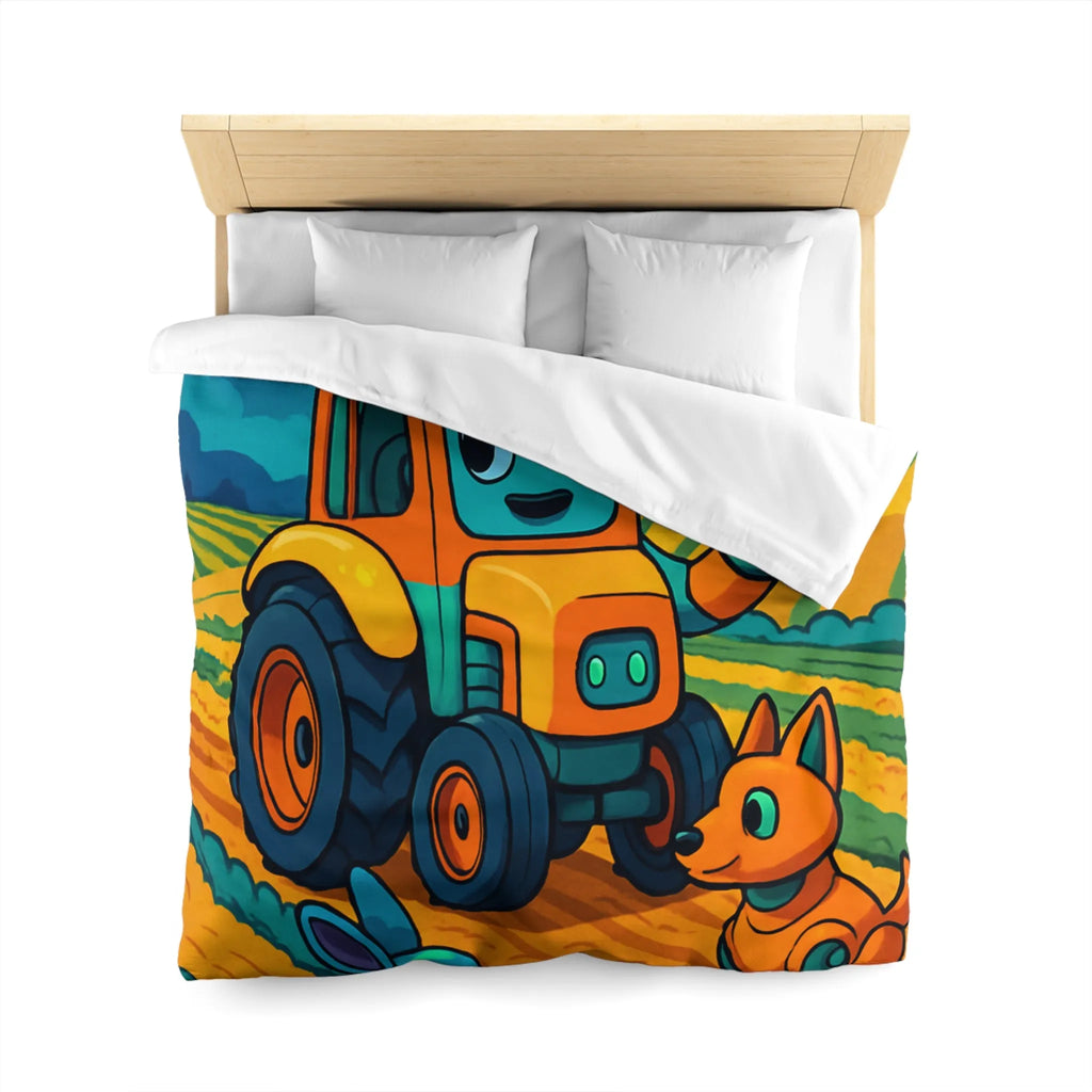 Housse de couette colorée avec tracteur joyeux, robots animaux et scène de ferme nocturne