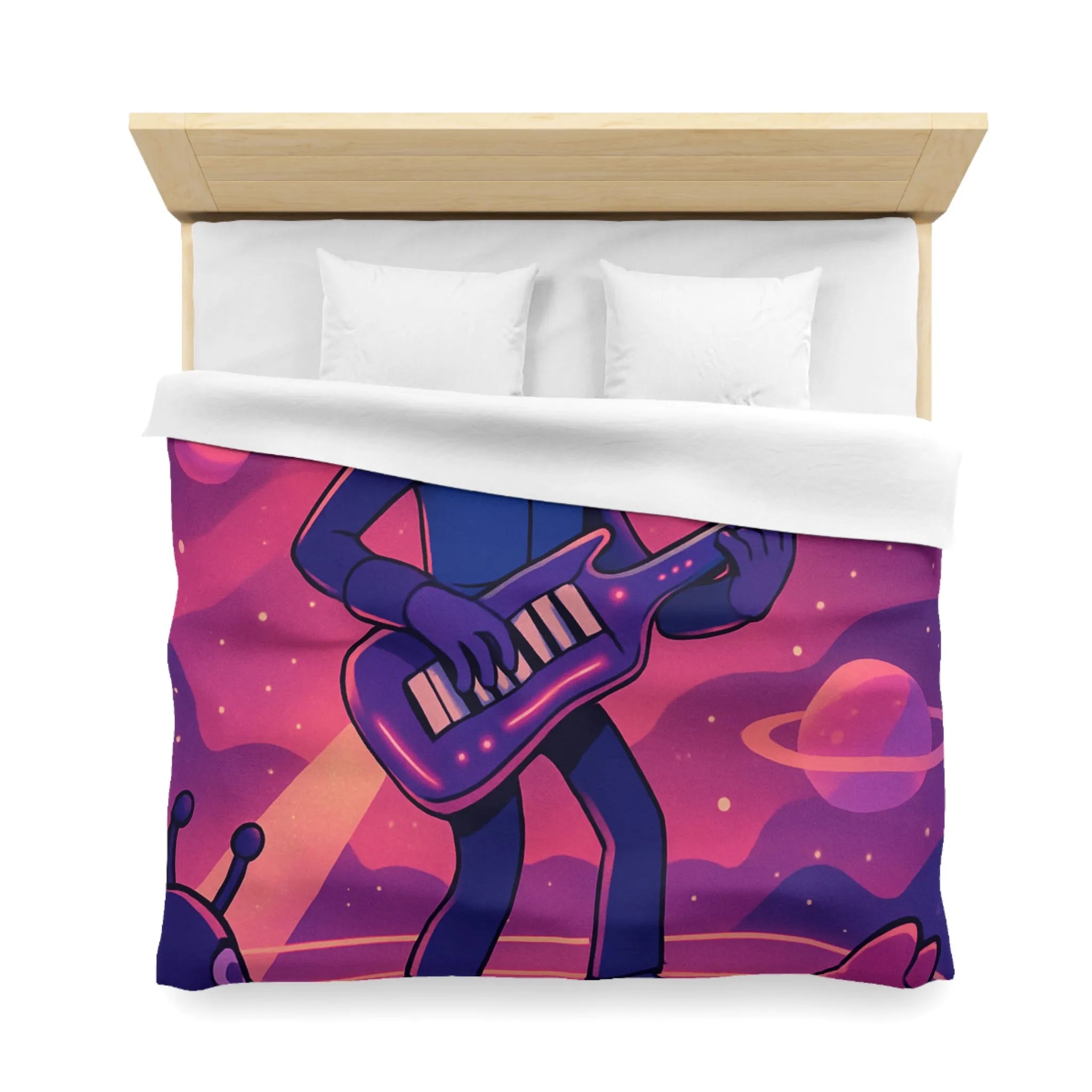 Housse de couette colorée avec astronaute jouant de la guitare dans l’espace cosmique magique