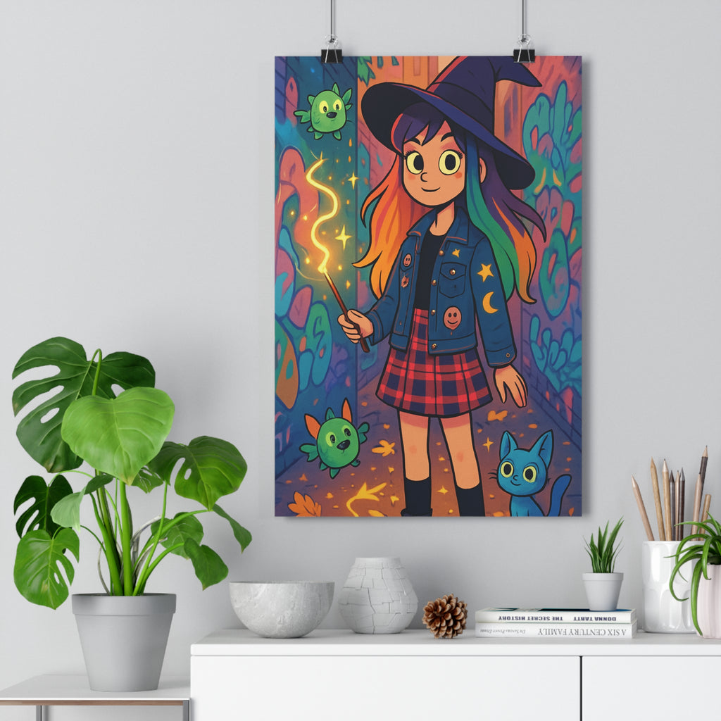 Poster décoratif sorcière magie coloré urbain dessin animé moderne chambre enfant ambiance mystique art