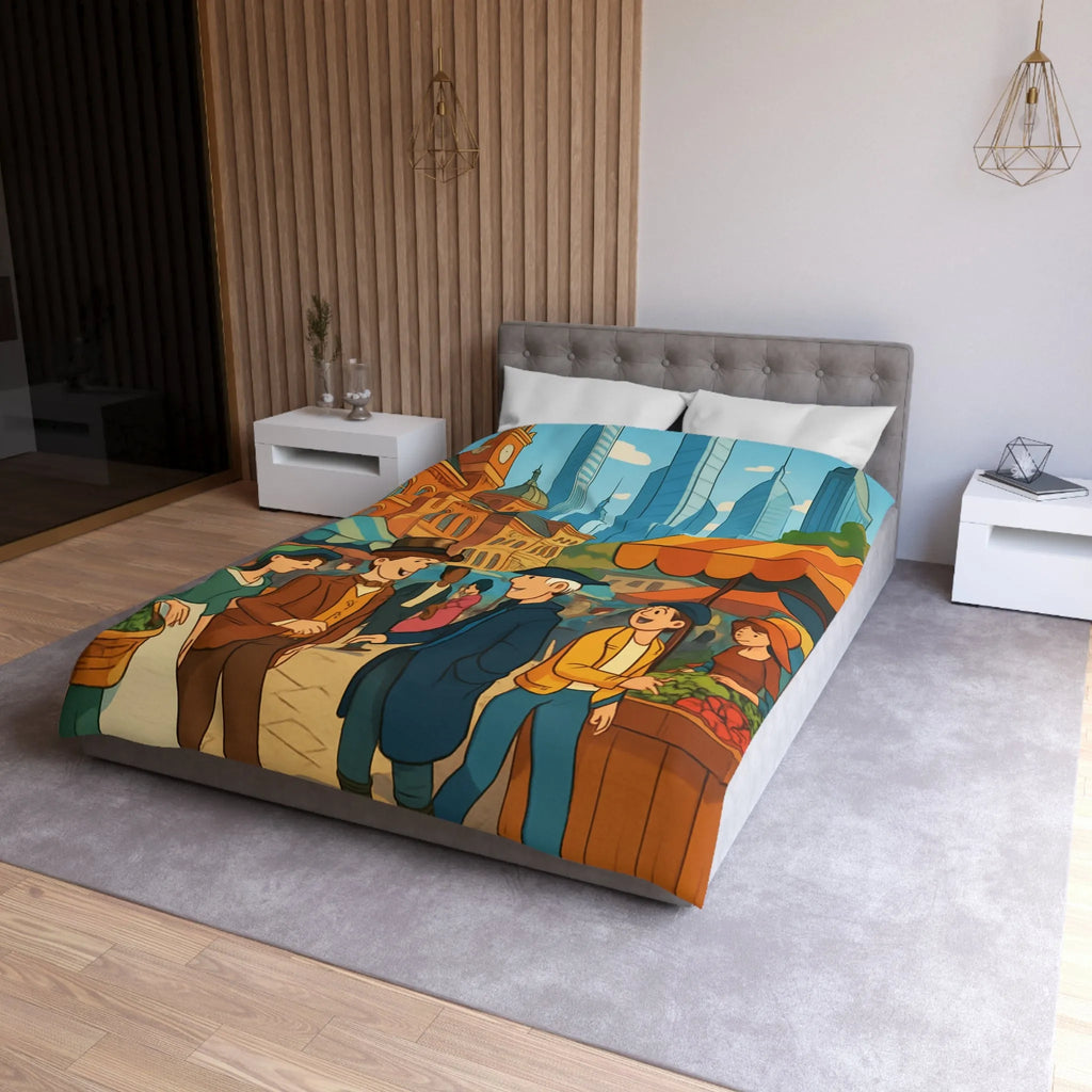Housse de couette illustrée style rétro avec scène de marché urbain animé
