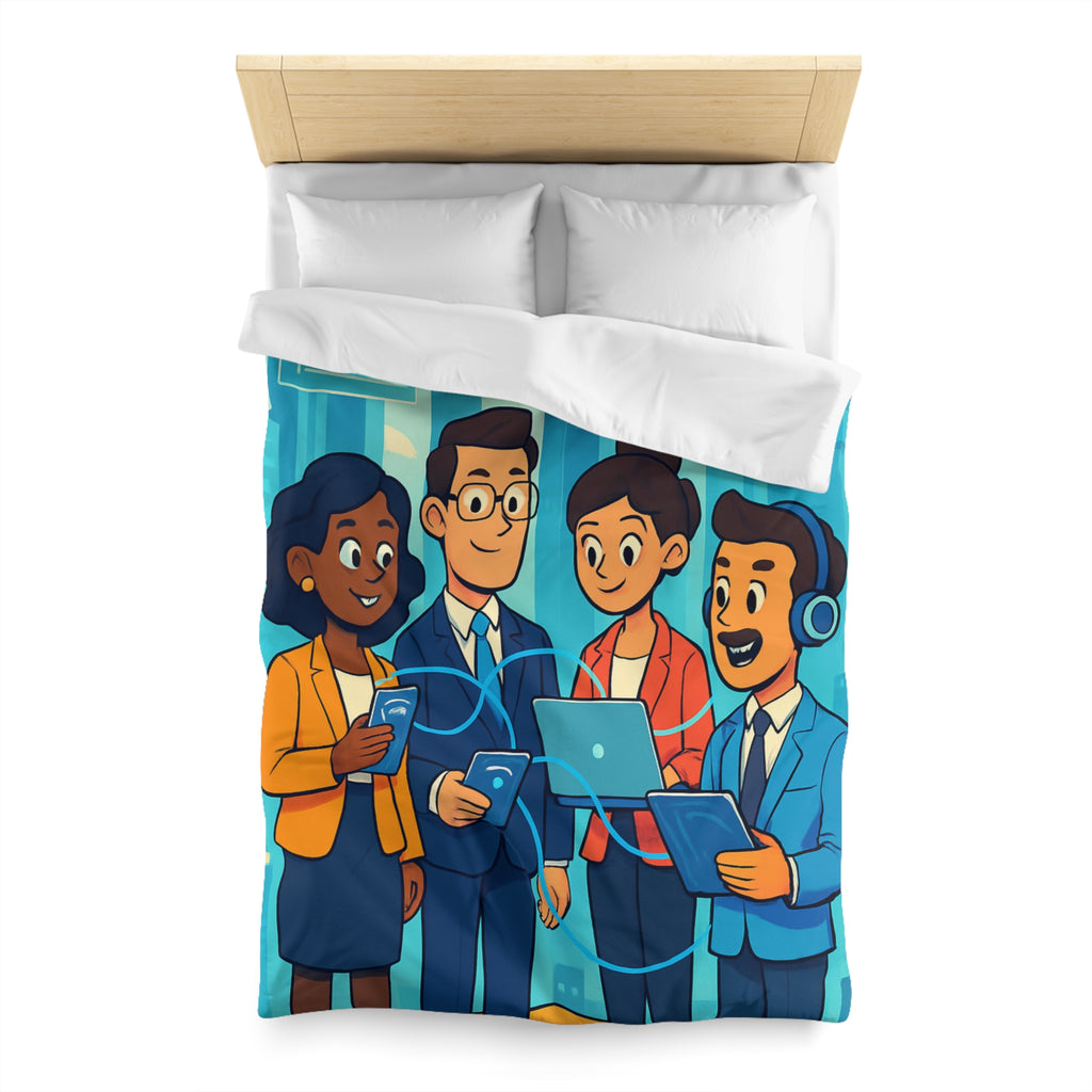 Housse de couette moderne illustrant équipe collaborative en milieu urbain technologique